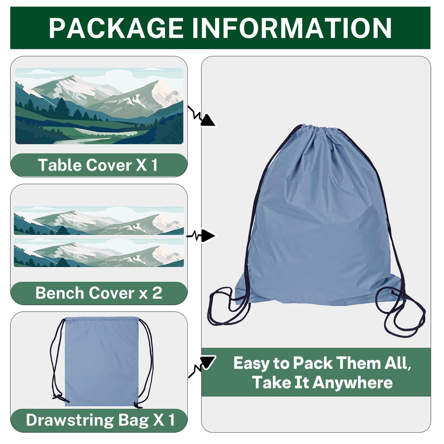 Britown 3 Piece Fitted Picnic Table Cover with Bench Covers, 72"x30" Full Elastic Edge Camping Tablecloth, Waterproof Wipeable RV Outdoor Patio Park Camping Essentials With Drawstring Bag (Mountain)