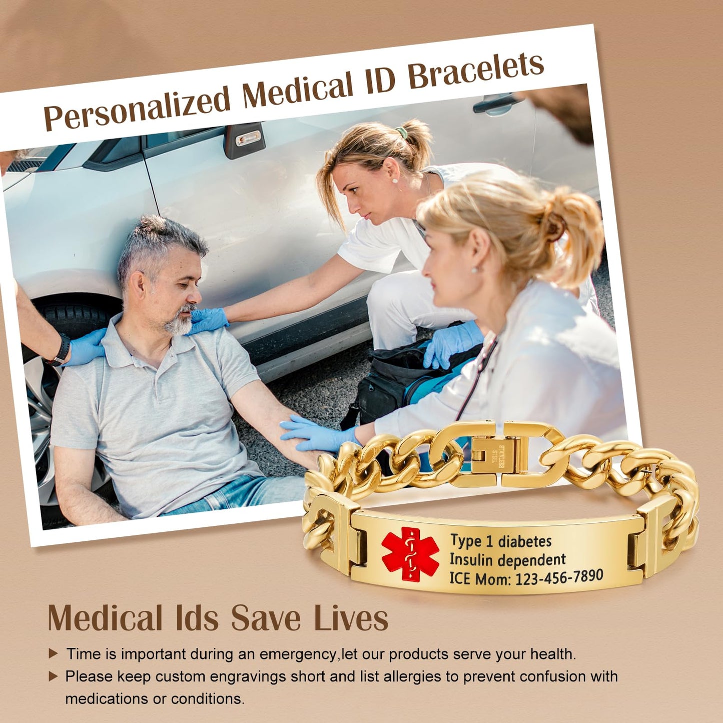 Bijouweled Medical Alert Bracelet for Women Men 7.5 to 9.8 Inches Emergency ID Bracelets Free Engraving Personalized Medic Alert Bracelet for Adult (Gold 7.5-9.8inch 3 sizes)