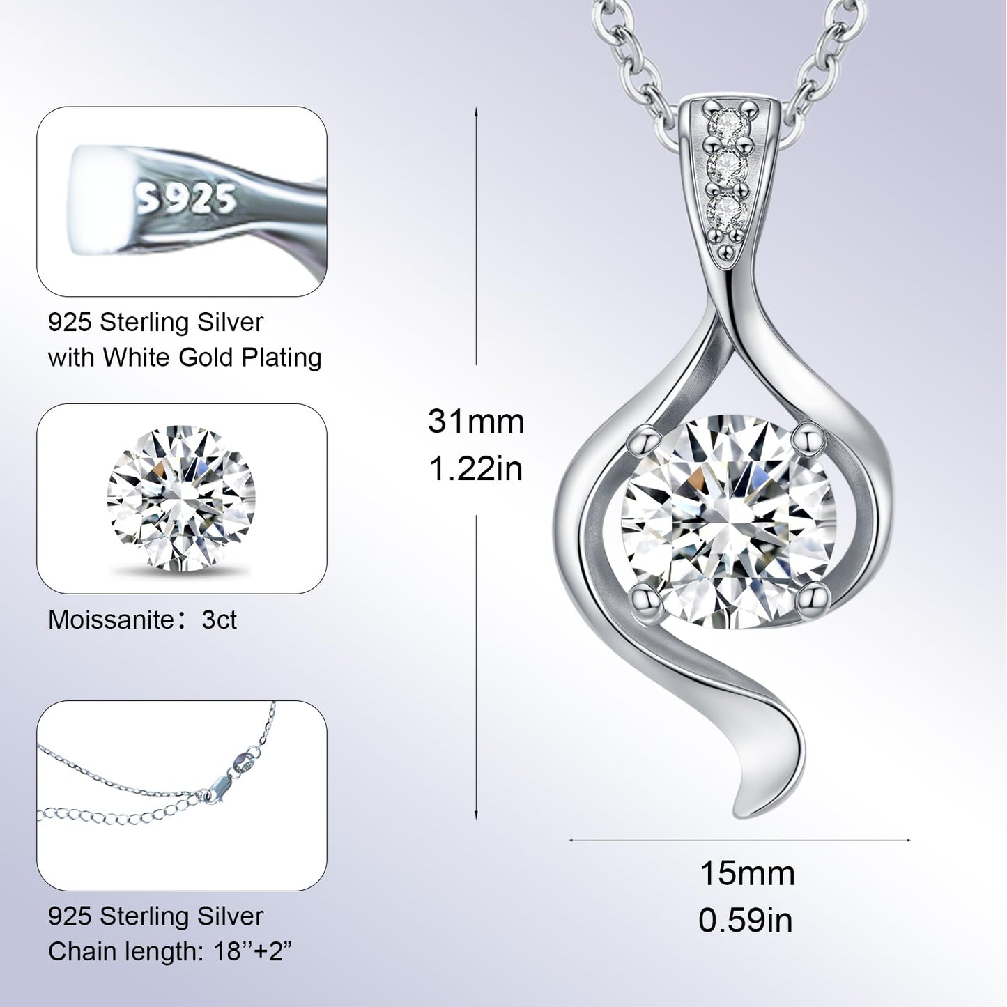 3 Carat Moissanite Necklace 925 Sterling Silver Jewelry 5A Cubic Zirconia Pendant Necklace Gifts for Mom Women Girlfriend Grandma Lover Her Wedding Birthday Anniversary Engagement Valentine's Day