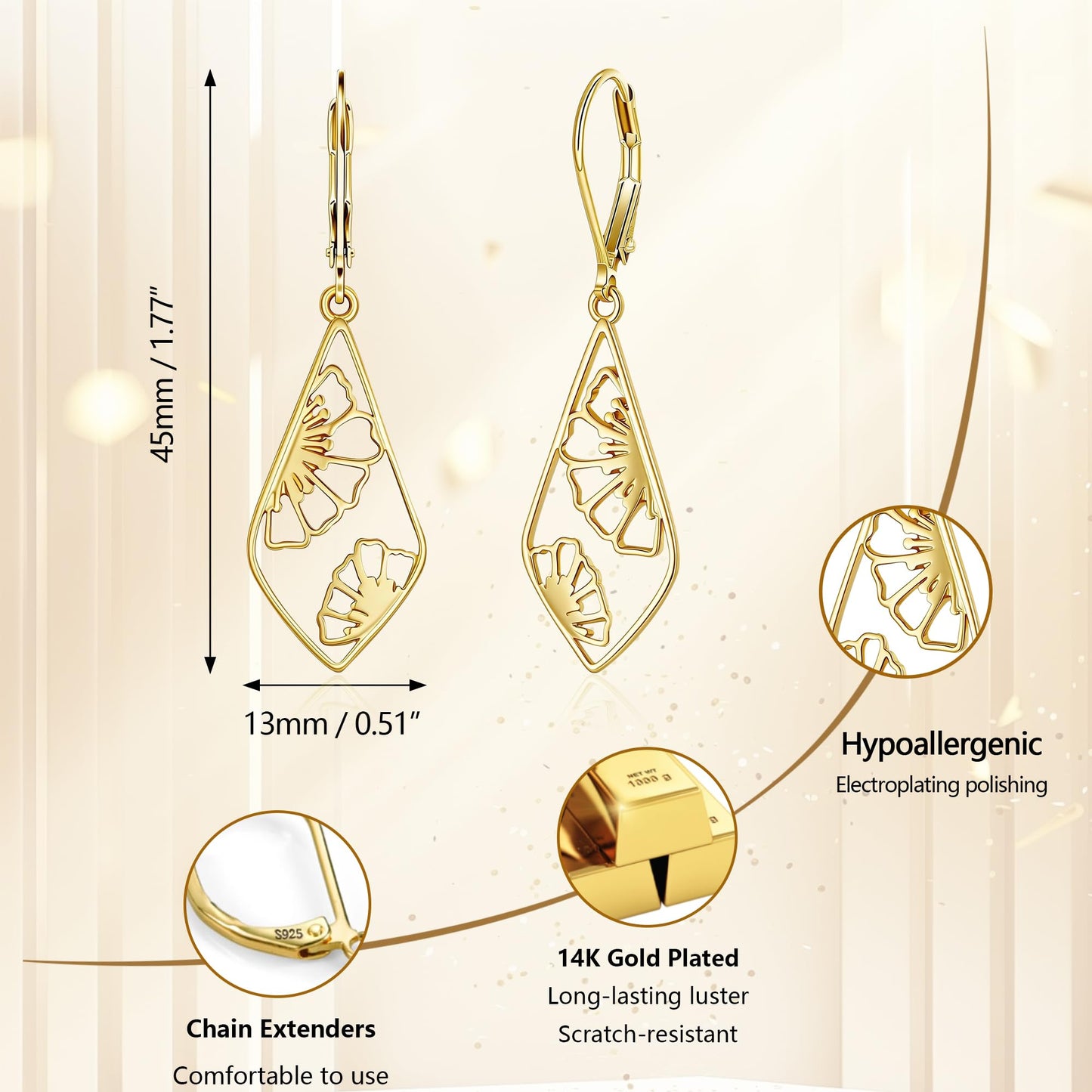 Gold Dangle Earrings for Women Hypoallergenic Filigree Flower Double-Sided Carved Dangle Earrings Lightweight Geometric Drop Earings 14K Gold Plated Leverback Earring for Women Jewelry Gifts