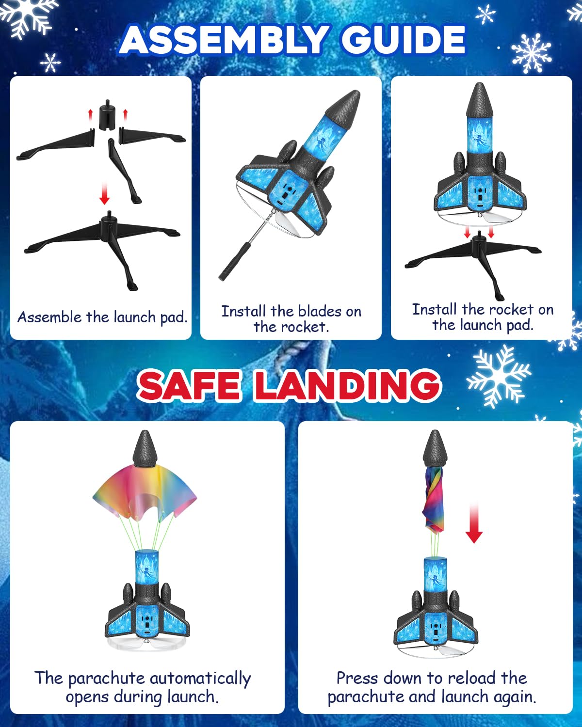 Rocket Launcher for Kids – 2nd Gen Upgraded Design, Electric Auto Launch, 200ft Flight with Safe Parachute, Outdoor Rocket Toy for Boys & Girls, Birthday Gift for Ages 8-13, Frozen Pattern (Snow Girl)