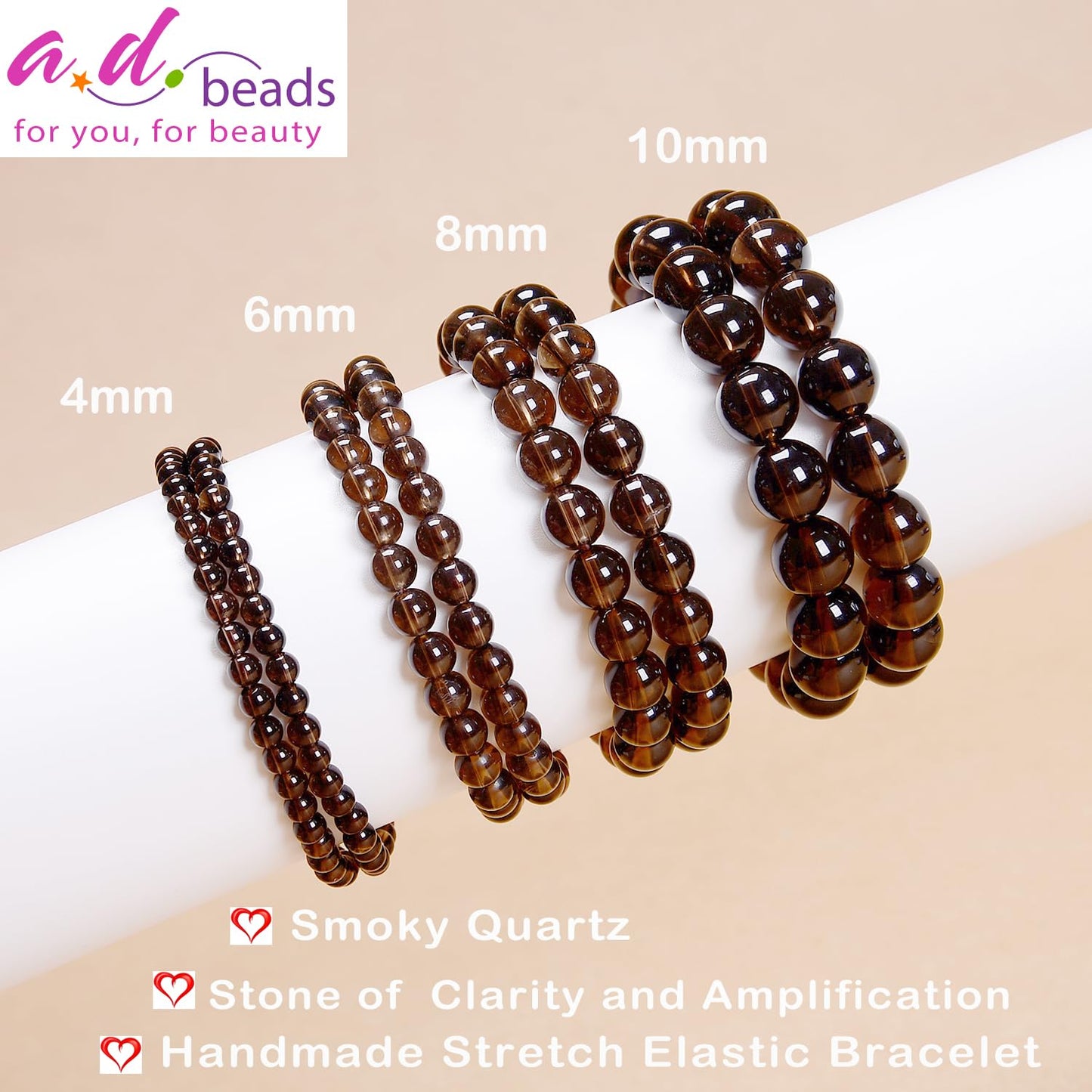 AD Beads Handmade Gemstone Stretch Elastic Bracelet Crystal Healing Reiki Nature's Beauty and Spiritual Essence Unisex (4mm, Smoky Quartz (Clarity and Amplification))