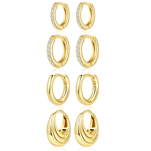 4 Pairs Small Gold Hoop Earrings Set for Women, Trendy Dangle Huggie Earrings for Multiple Piercing, Cartilage Conch Cute Small Hoops Jewelry Stacks for Gifts Clip On
