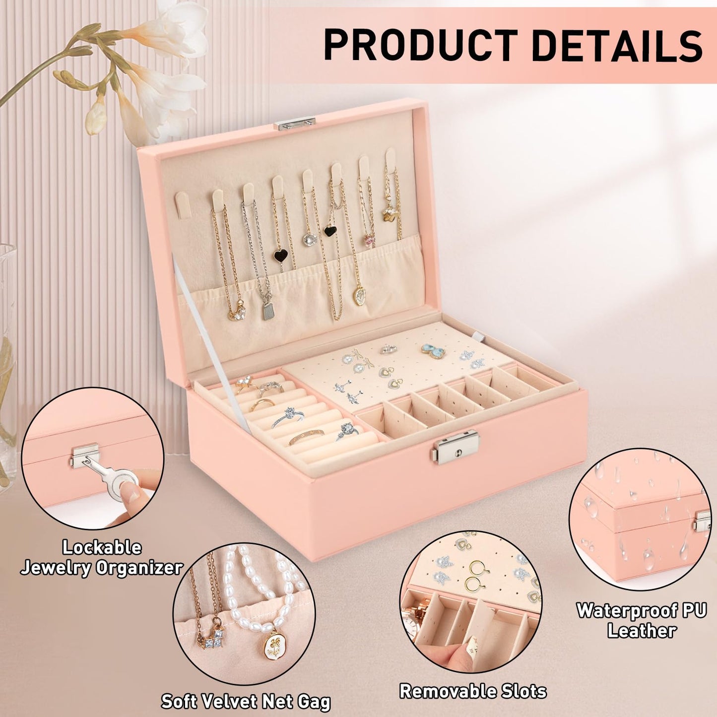 JINGIHE Jewelry Box Organizer for Women Girls, 2 Layers jewelry Storage Case with Removable Tray, PU Leather Jewellery Display Holder for Earring Rings Necklaces Bracelets Watches