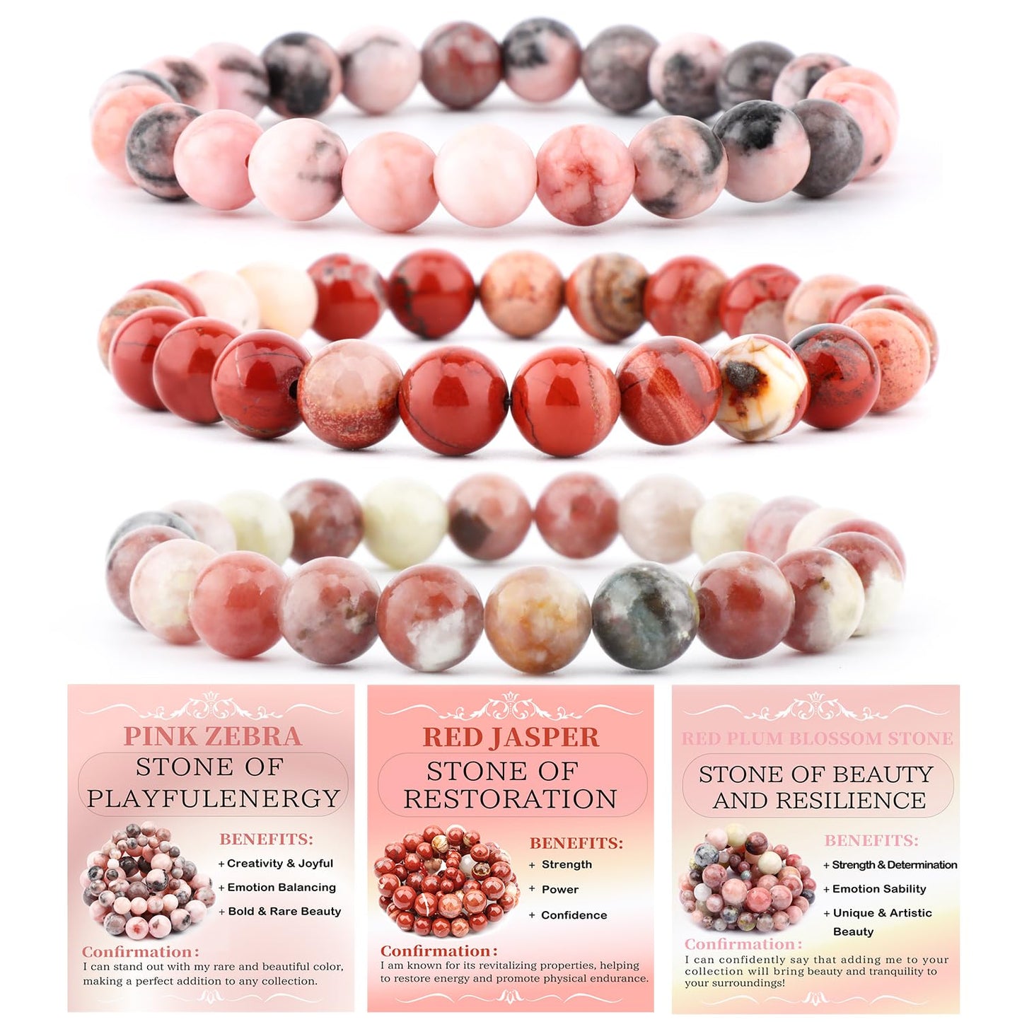 NCB 3-Piece 8mm Natural Crystal Gemstone Stretch Bracelets – ﻿Pink Zebra, Red Jasper, Red Plum Blossom Stone Handmade Reiki Energy Healing Jewelry for Meditation,Yoga, Unisex