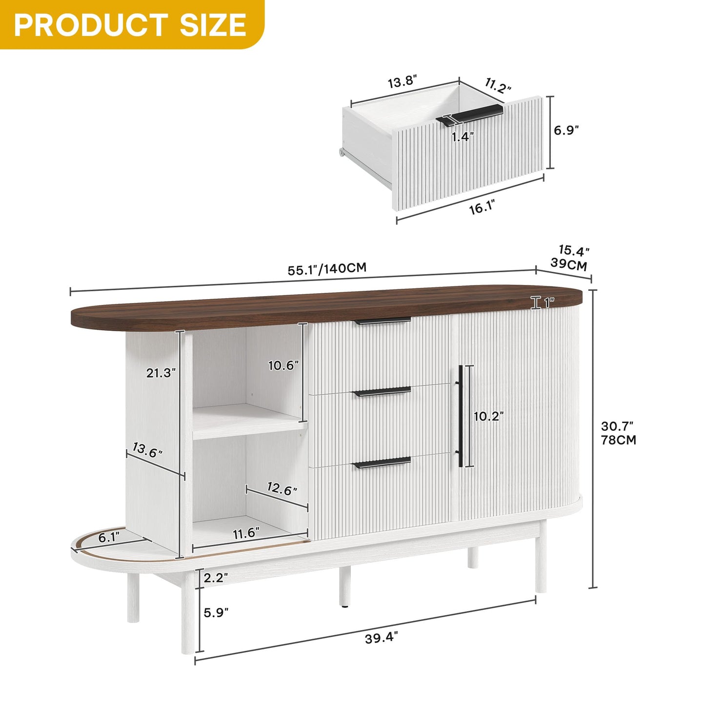 DWVO Modern TV Stand for 60 inch TVs, Fluted Entertainment Center with 3 Drawers & Storage Cabinet, Sliding Door & Adjustable Shelf, Media Console for Living Room, White & Brown