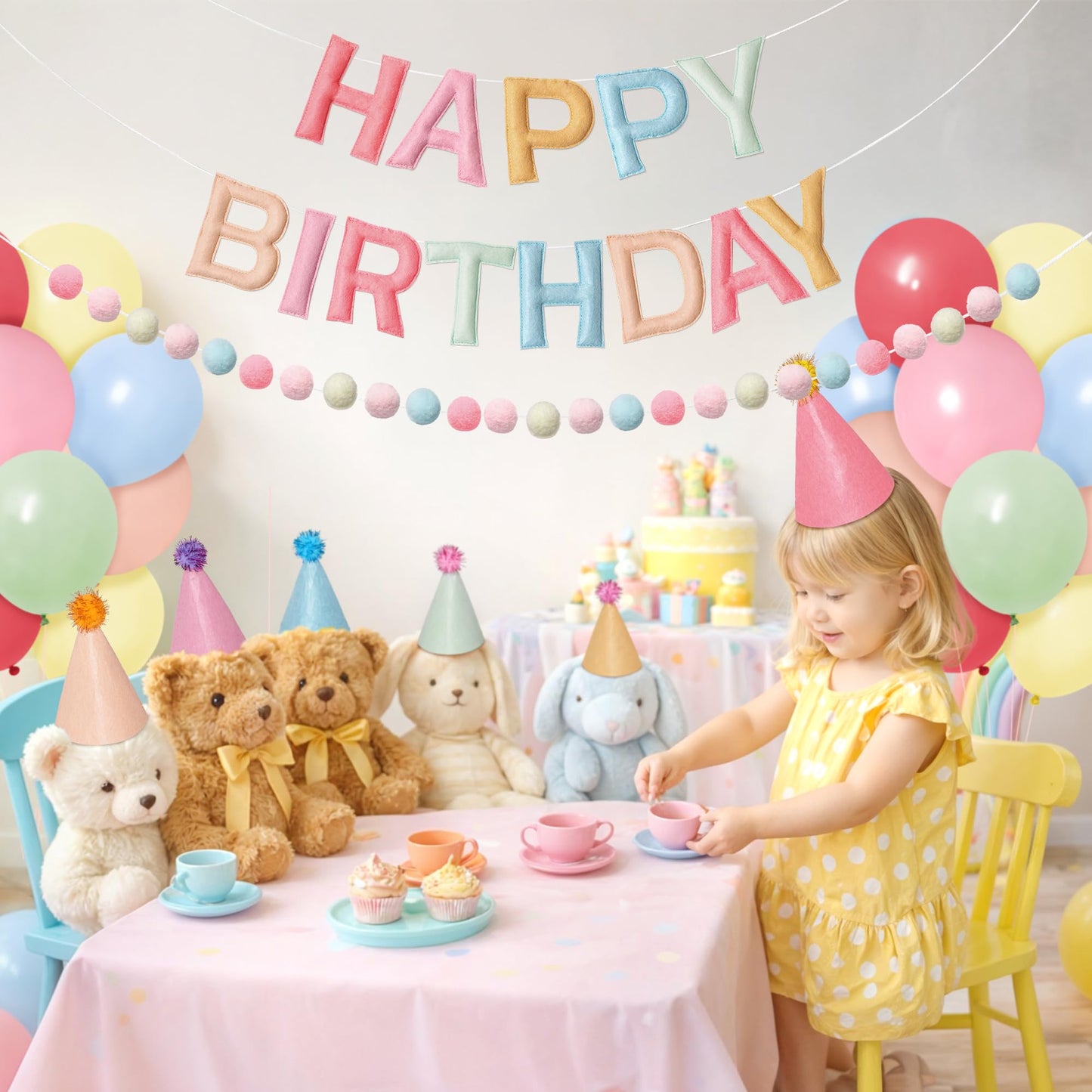 Kriyokiaa Pre-Strung Felt Happy Birthday Banner Retro Pastel Happy Birthday Party Decorations with Party Hats for Stuffed Animals, Pom Pom Garland and Latex Balloons for Women Girls Party Decor