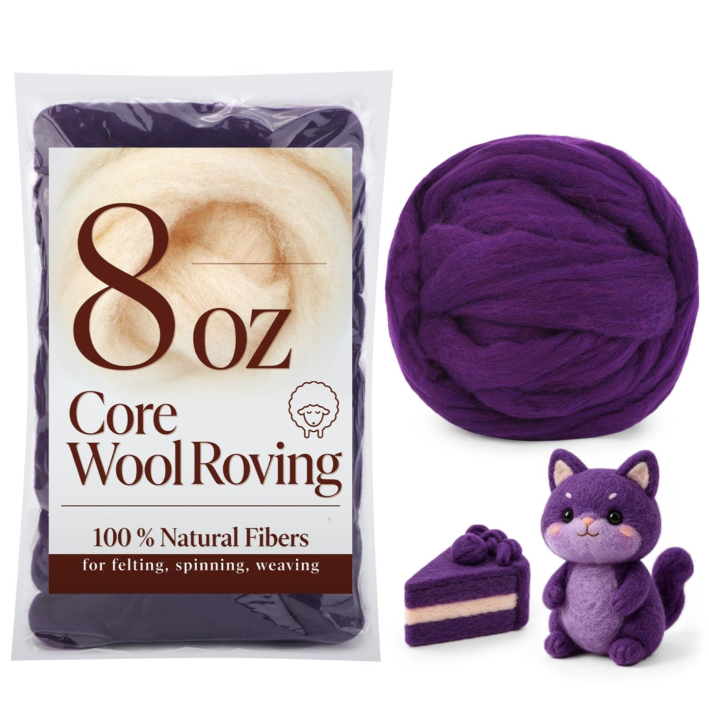 Core Wool for Needle Felting, 8 OZ Merino Wool Roving, Soft Felting Wool for Spinning, Needle Felting Supplies, Chunky Yarn, and Wet Felting, Purple