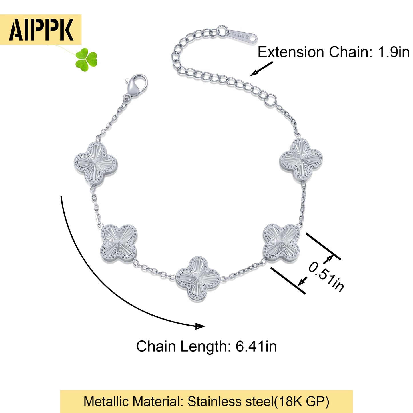 AIPPK 18K Gold Plated Clover Bracelet Dupes Gold Danity Bracelet for Women Flower Four Leaf Bracelets Lucky Jewelry Gifts for Women (Silver)
