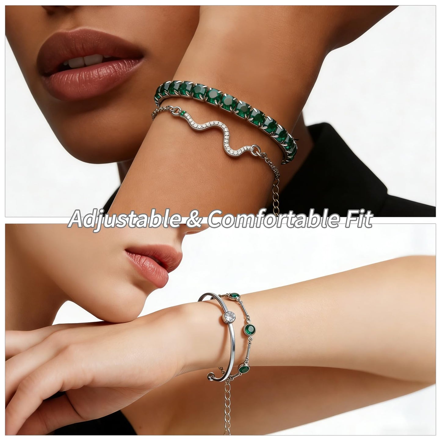 VEINARDYL Silver Birthstone Bracelets for Women, Green Birthstone Layered Jewelry Cuff Silver Plated Bangles, Open Adjustable Bracelets Fashion Accessories Jewelry Set for Mothers Day Gifts