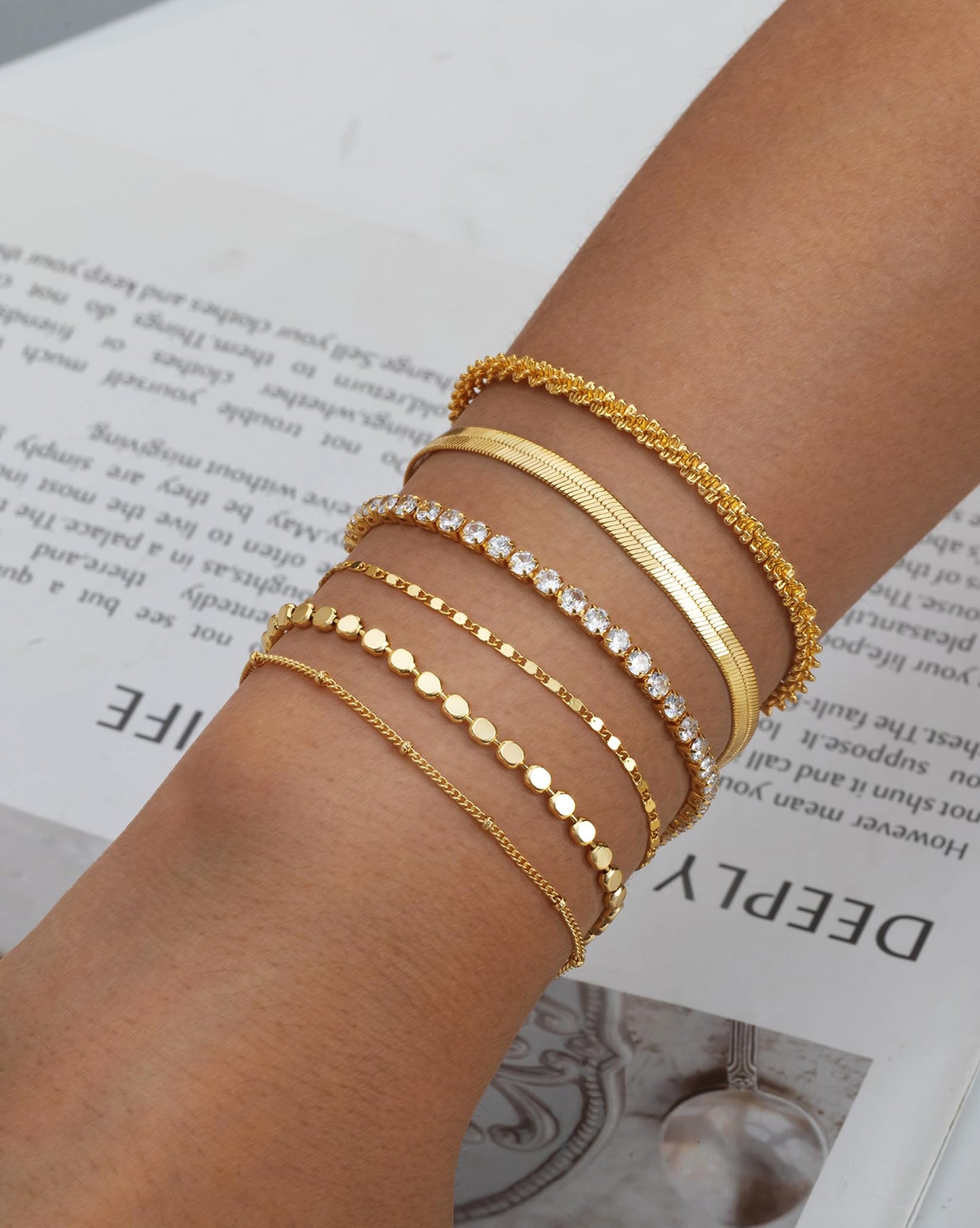 Gold Bracelets for Women 14K Gold Plated Stack Trend Bracelets Charm Paperclip Chain Cuban Link Layered Waterproof Bracelet Dainty Bracelet for Women Jewelry Gifts (Gold 6Pcs)