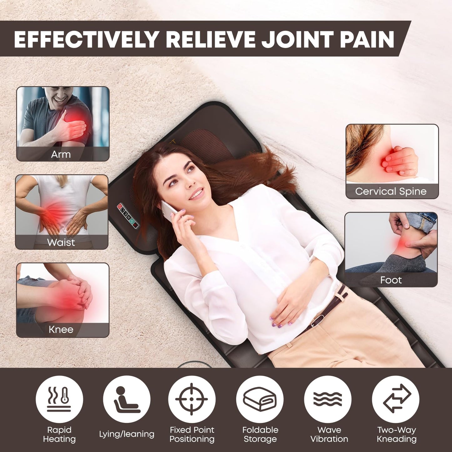 DOPICT Massage-Mat, Detachable Neck Massager, Full Body Vibration Heating, Massage Pad with 10 Vibrating Motors and 9 Speed Settings for Home Office Use, Brown