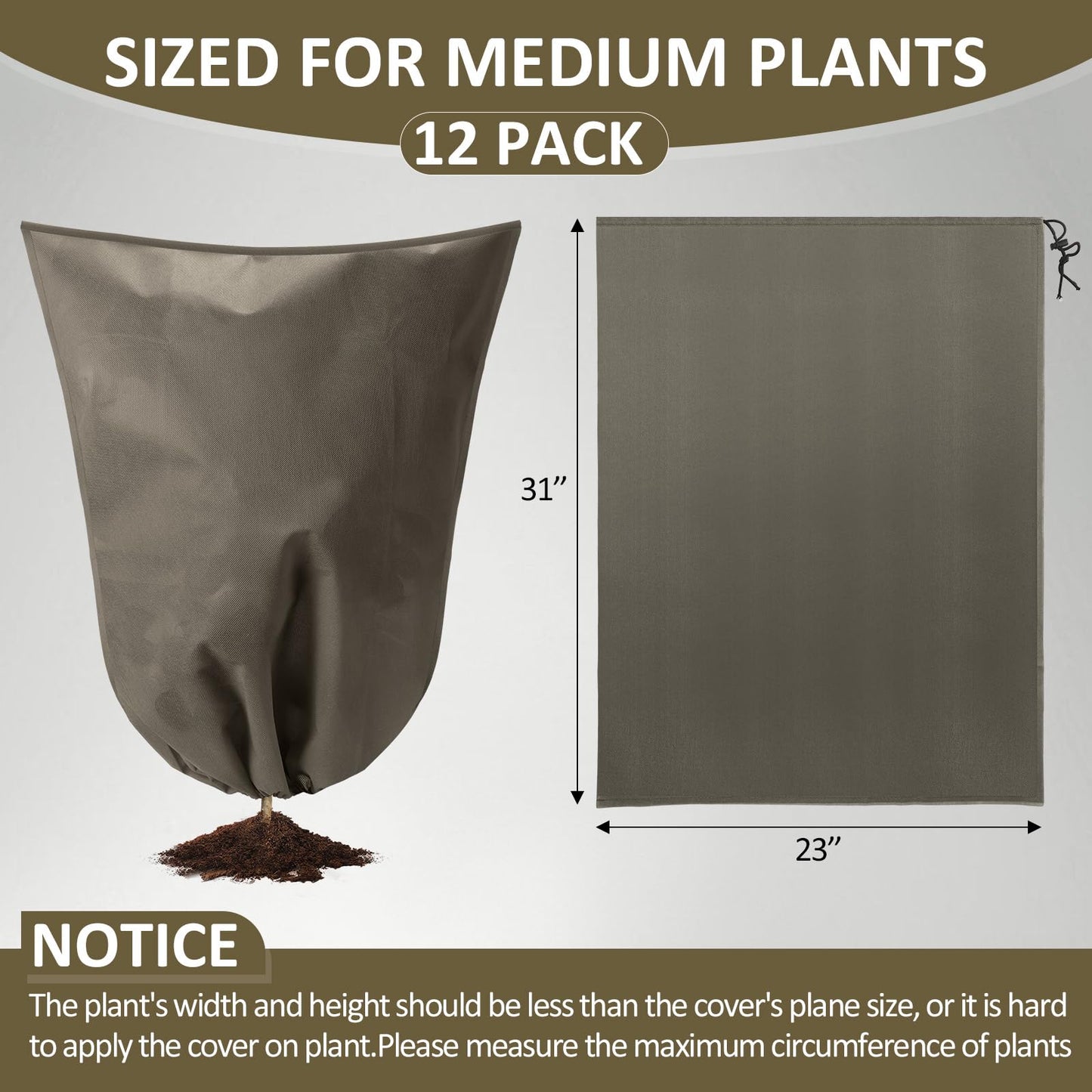Wesnoy 12 Packs Winter Plant Covers Freeze Protection Drawstring Tree Cover 23.62 x 31.5 in Large Reusable Frost Protection for Plants Fruit Tree Shrub, Outdoor Prevention Bag (Brown)
