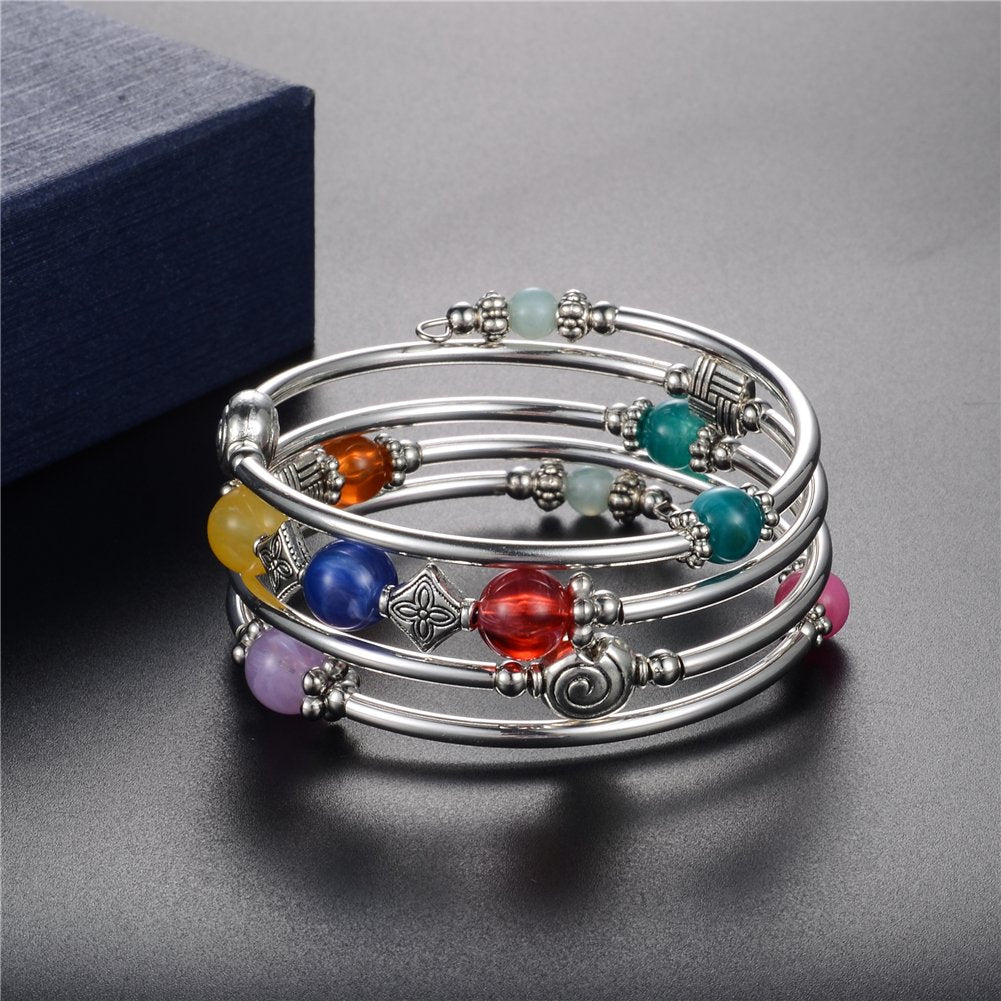 Beaded Pearl Bangle Wrap Bracelet - Fashion Bohemian Jewelry Multilayer Charm Bracelet with Thick Silver Metal Beads, Gift For Women(Colorful)