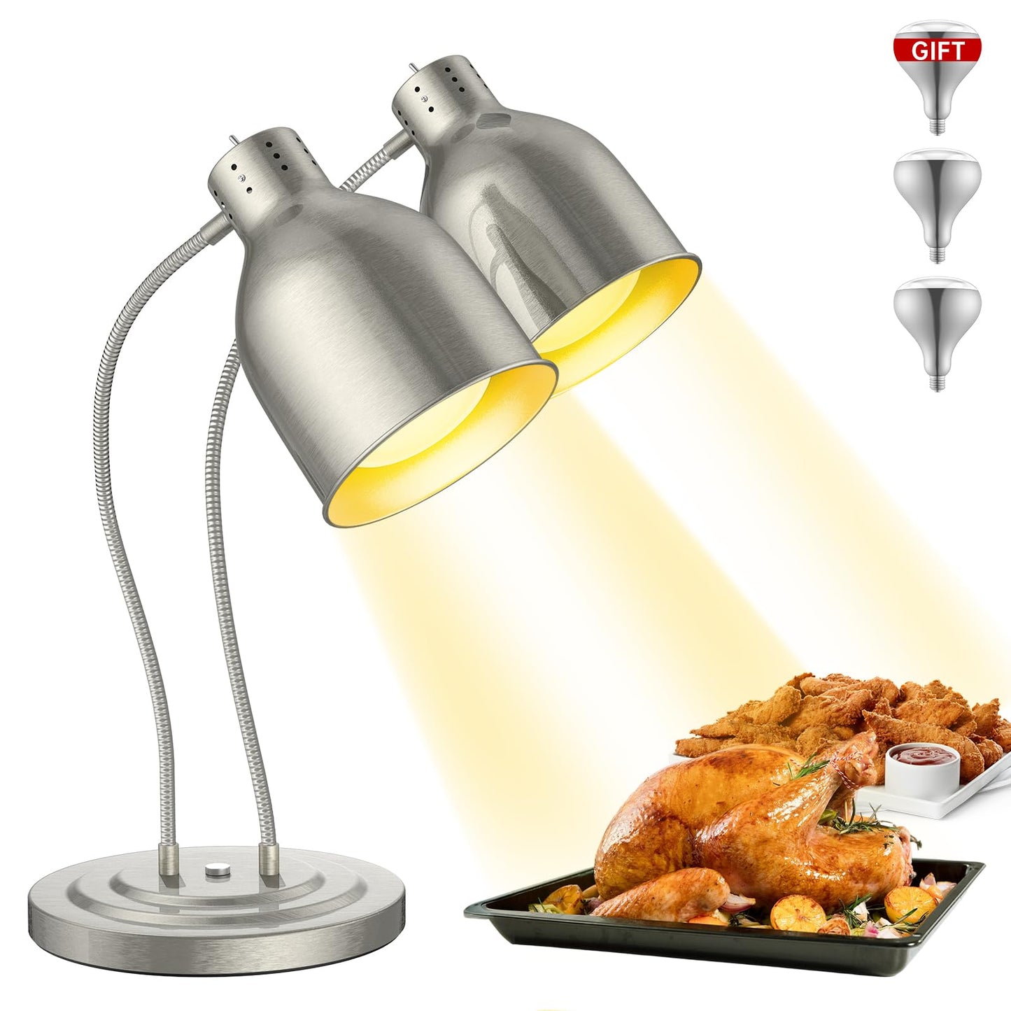Food Heat Lamp, 500W Commercial Food Warmer Lamp, Rapid & Stable Heating 2-Head Electric Heat Lamp for Buffet, Parties, Catering, Restaurant, Kitchen, Home (Stainless Steel)