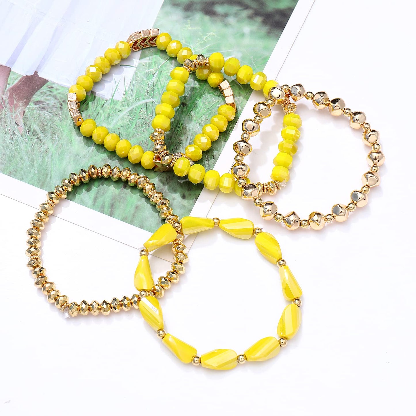 MOLOCH Beaded Bracelet For Woman -Multiple Stackable Layered Bracelets-Rainbow Elastic Stretchy Bracelet- Boho y2k Bracelet-Surfer Beach (yellow)