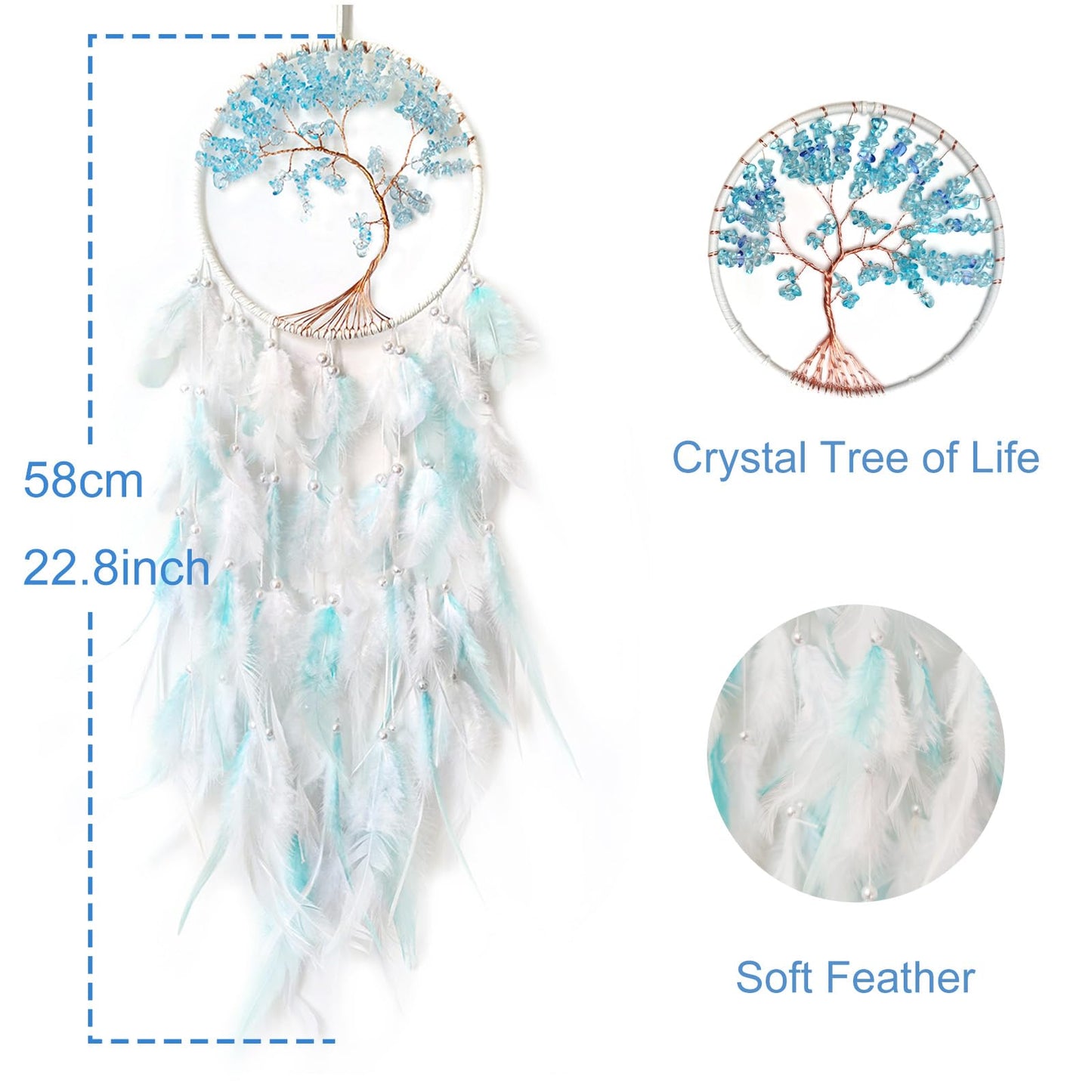 SOYUZU White and Cyan Dream Catcher Wall Decor Crystal Tree of Life Dream Catchers Handmade Feather Dreamcatcher Wall Hanging Ornament for Bedroom Living Room Home Decor