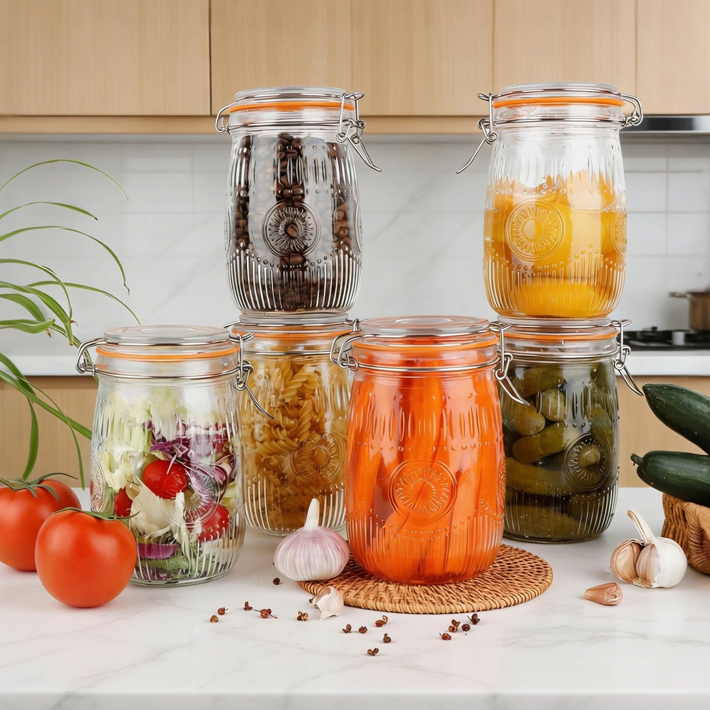 HAYHOI 32oz Mason Jars with Airtight Lids, 6 Pack Wide Mouth Canning Jars with Clamp Lid, Quart Glass Canisters for Kitchen Storage, Pickling, Coffee, Cereal, Sugar, Flour, Beans