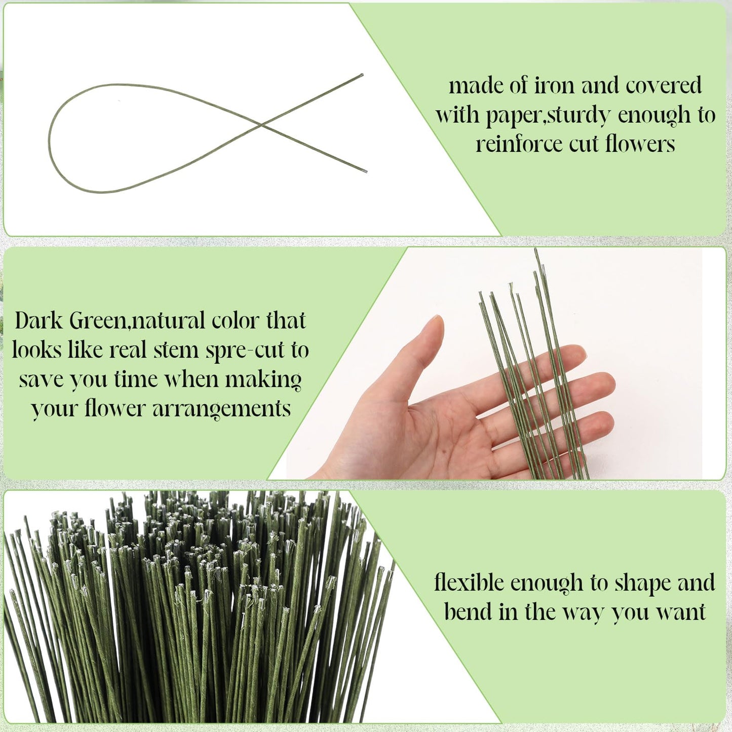 Ferraycle 600 Pieces 18 Gauge Green Floral Wire Stems for DIY Crafts, 16 Inch Floral Paper Wrapped Wire for Christmas Garland and Flower Arrangements(Dark Green)