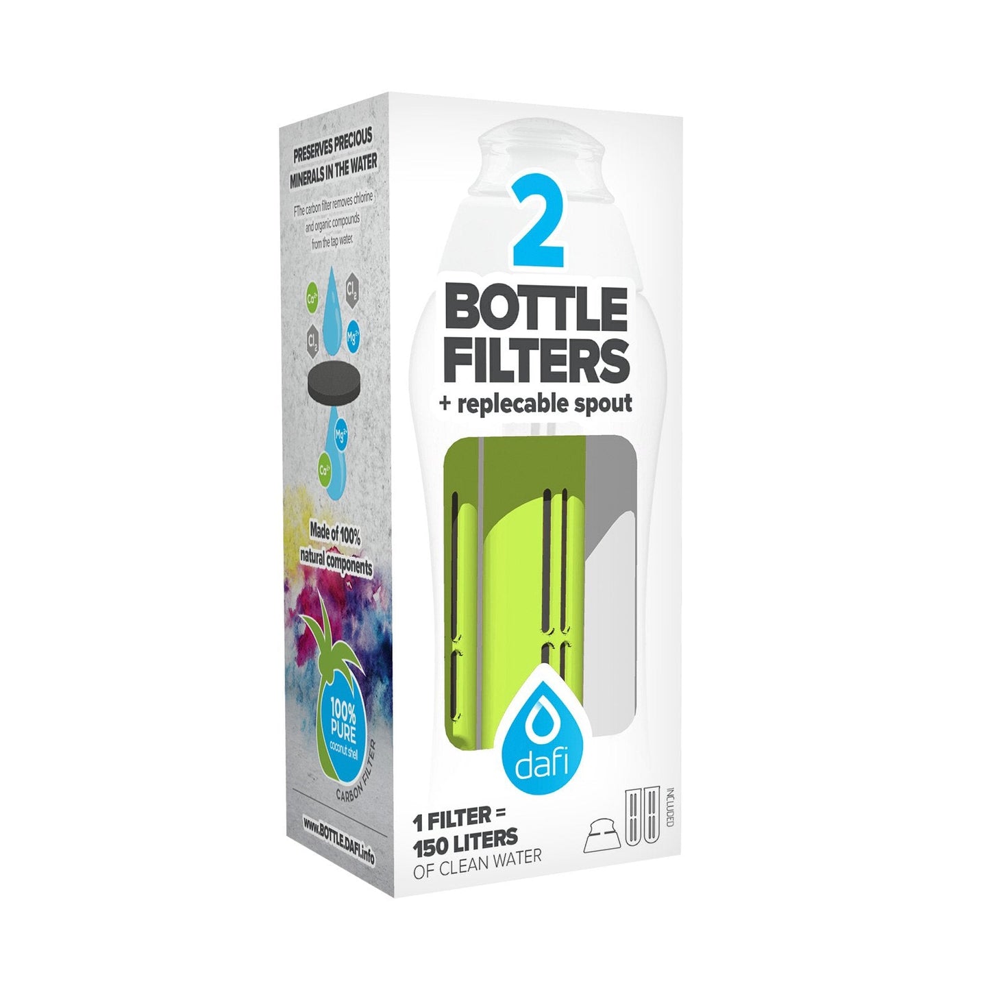 DAFI Water Bottle Filters and Cap Replacements Green | 2-Pack | Last up to 60 Days | Hiking Water Filter, Personal Filtered Water Bottle, Camping Water Filter | BPA-Free | Made in Europe