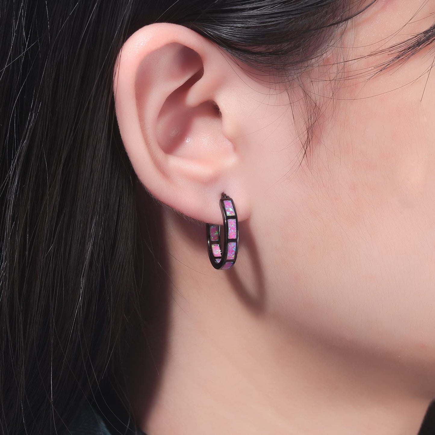 CiNily Black Gold Plated Hoop Earrings, Purple Opal Small Hoop Earrings for Women Hypoallergenic Earring Jewelry Ear Hoops Gemstone Round Hoops for Ladies