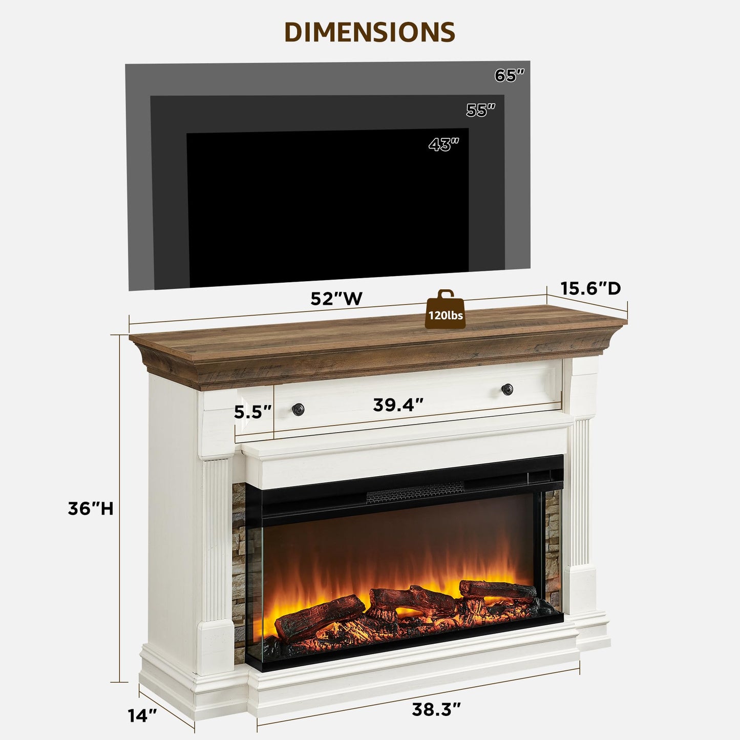 OKD 52 Inch Electric Fireplace with Mantel, Fireplace TV Stand with 36" 3-Sided Glass Electric Fireplace Heater for Living Room (Antique White)