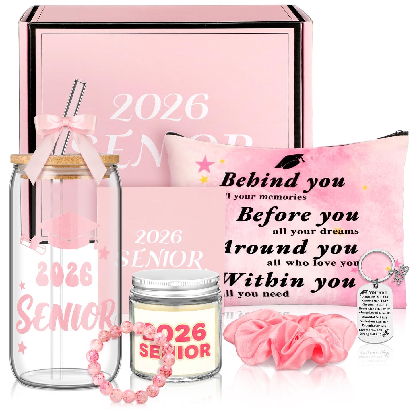 Remerry 9 Pcs 2026 Senior Graduation Gifts Set Pink Graduation Gift Basket Glass Cup Keychain Cosmetic Bag Bracelet Scented Candle with Box for College High School for Women Daughter Sister Friend