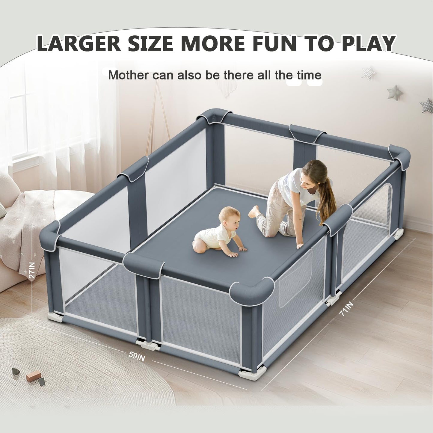 G TALECO GEAR Foldable Playpen for Babies and Toddlers, 59"x71" Portable Play Yard with Mat, Kids Collapsible Play Pen with Sturdy Metal Frame & Mesh Walls, Indoor & Outdoor Baby Fence Play Area