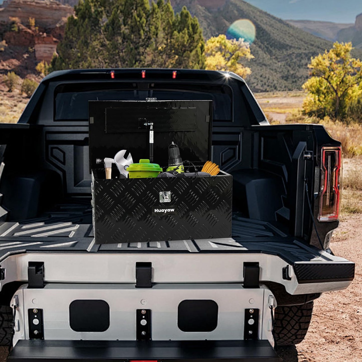 Aluminum Truck Tool Box, Heavy Duty Waterproof Truck Storage Organizer, Pickup Truck Bed RV Trailer with Side Handle, Lock and Keys (Black, 20-INCH)
