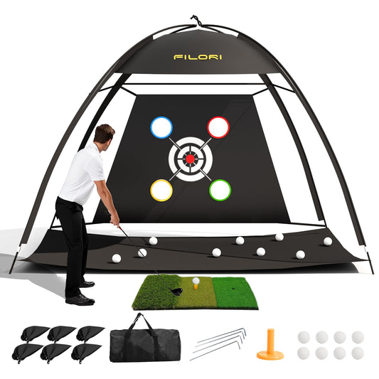 FILORI Golf Practice Net 10x7FT - Golf Hitting Net with Tri-Turf Mat, 8 Balls, Tee & Carry Bag, Indoor/Outdoor Backyard Training for Driving Chipping Swing, Ideal Gifts