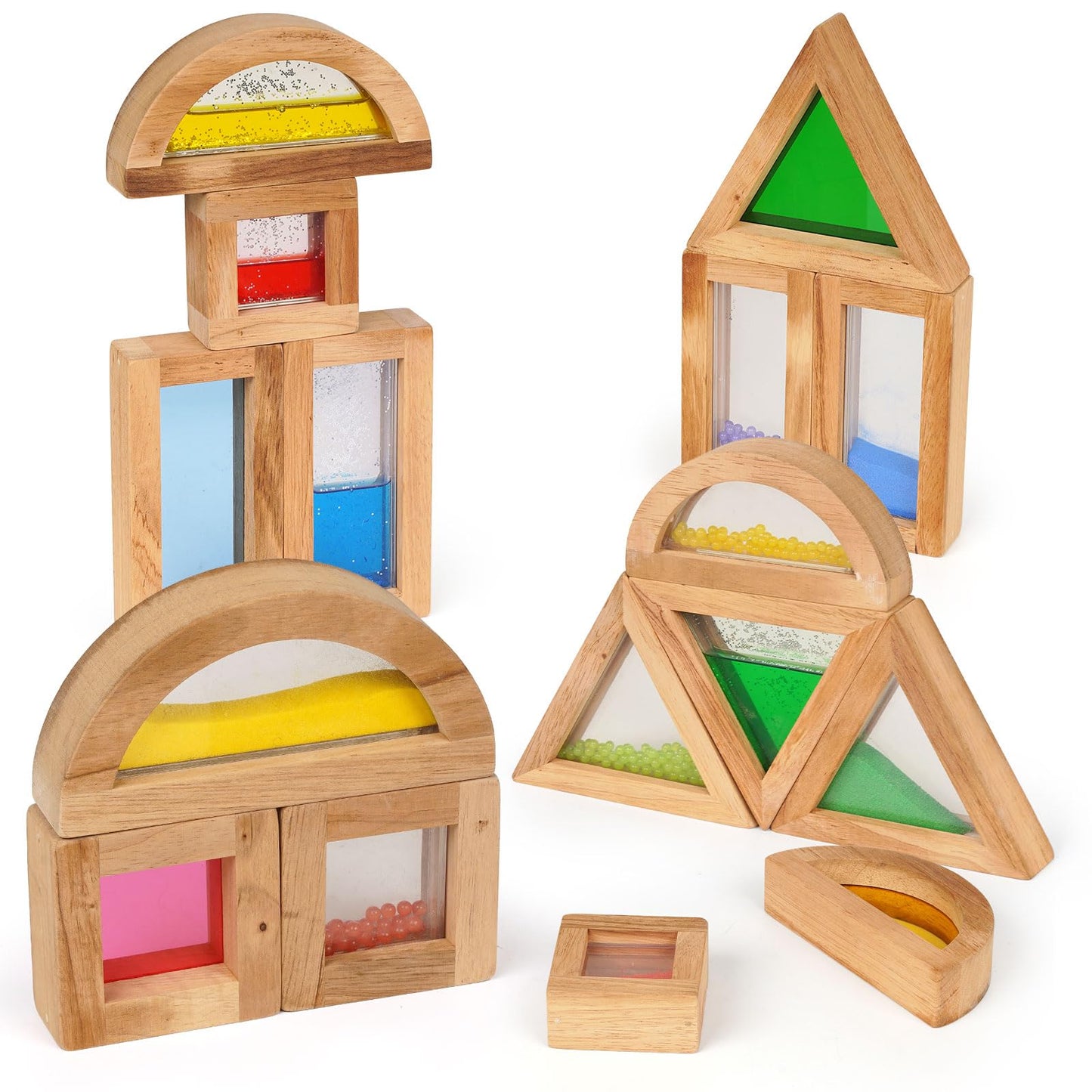AXEARTE Large Rainbow Wooden Building Blocks for Toddlers Baby Kids, 16 Pcs Colorful Geometry Stacking Construction Toy Set Sensory Toys, Preschool Educational Toy for Boys & Girls