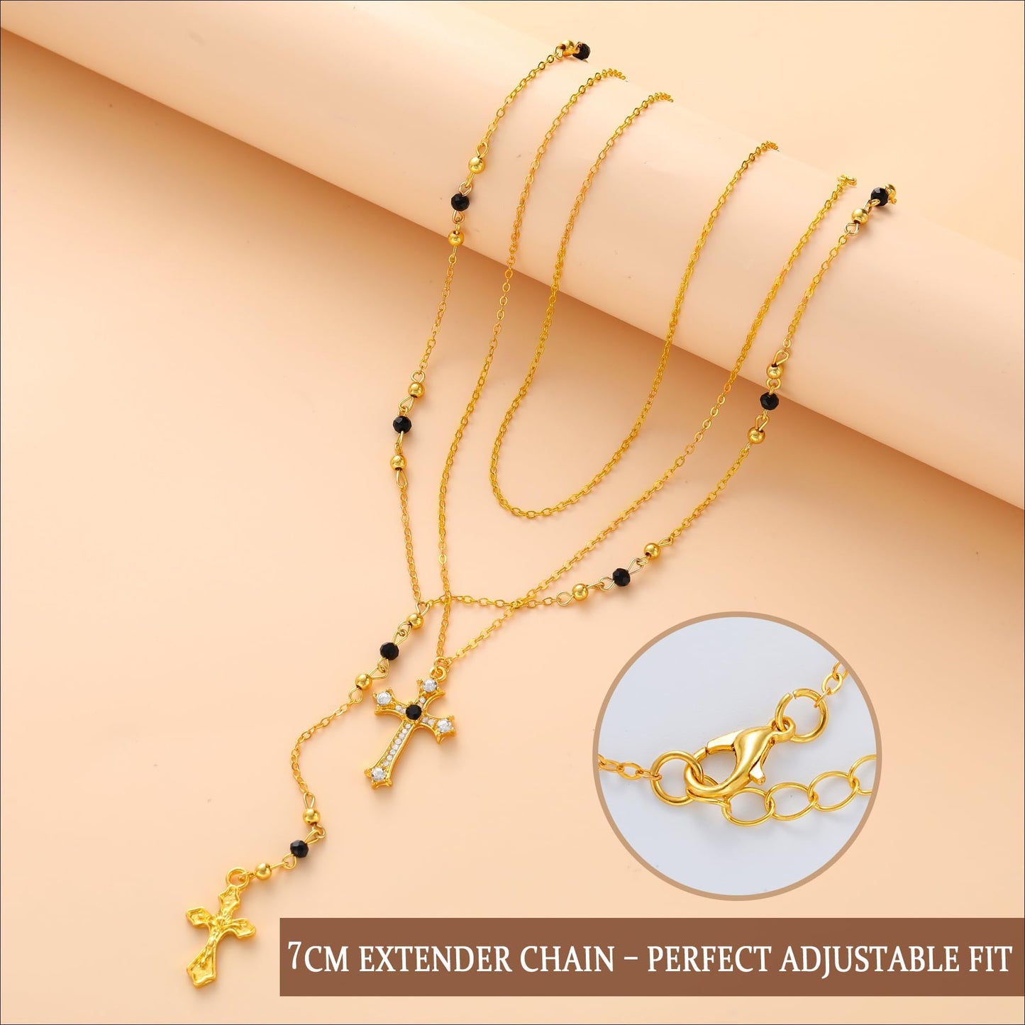 3PCS Layered Gold Cross Necklaces for Women Trendy, Bohemian Bead Pearl Y Long Pendant Necklace Set, Vintage Rosary Necklace Stack Adjustable Length