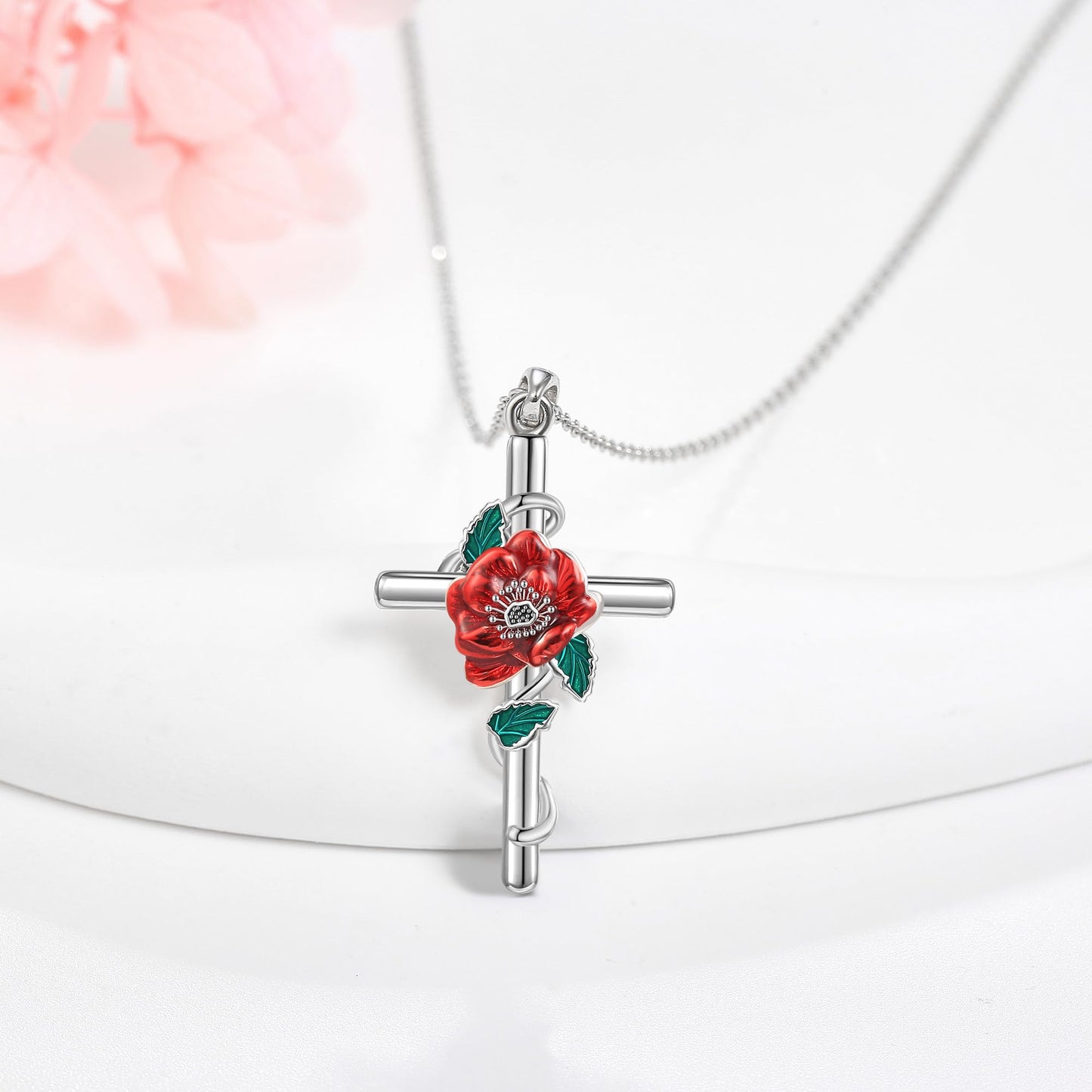 JERWLI Poppy Birth Flower Necklace 925 Sterling Silver Poppy August Birth Flower Pendant Necklace Cross Poppy Jewelry for Women Gifts