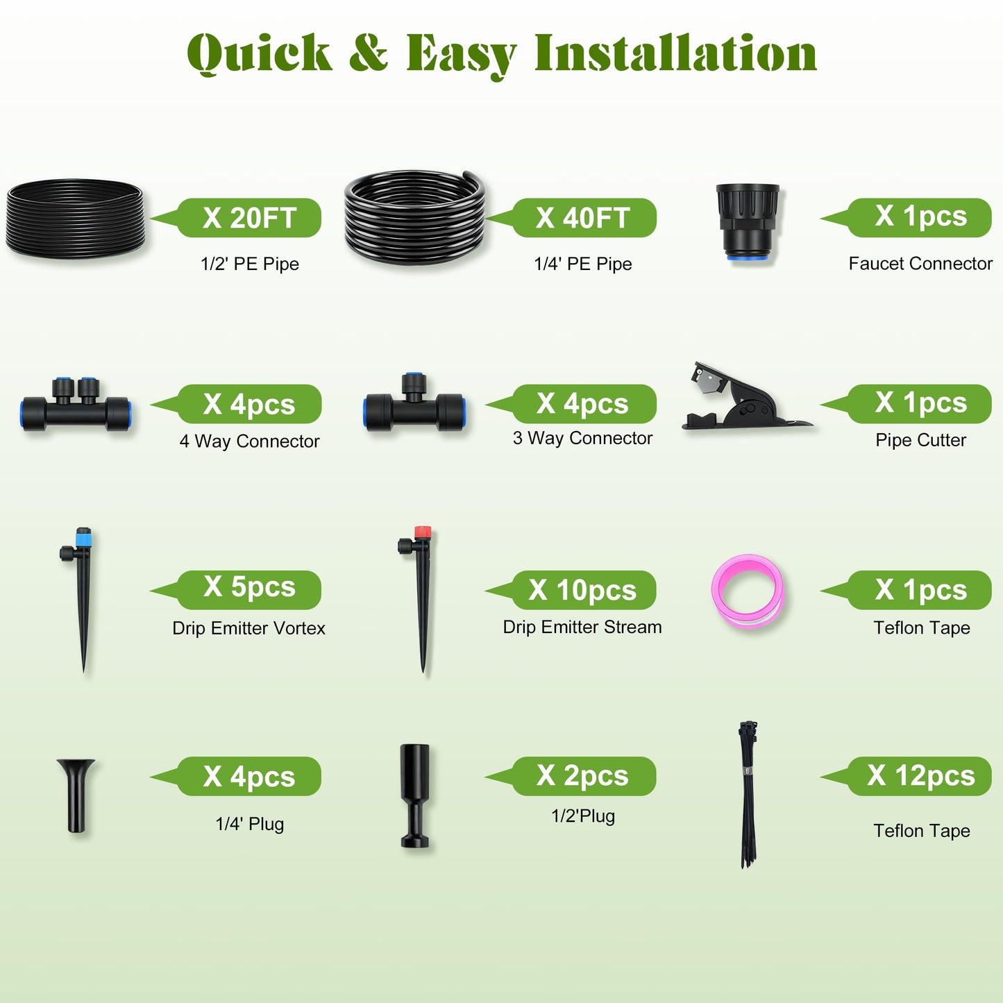 Drip Irrigation Kit for Garden, Automatic Plant Watering System with Quick Connect Fittings, Water Saving Irrigation Tubing Hose and Accessories for Yard, Greenhouse, Lawn & Raised Bed (60FT)