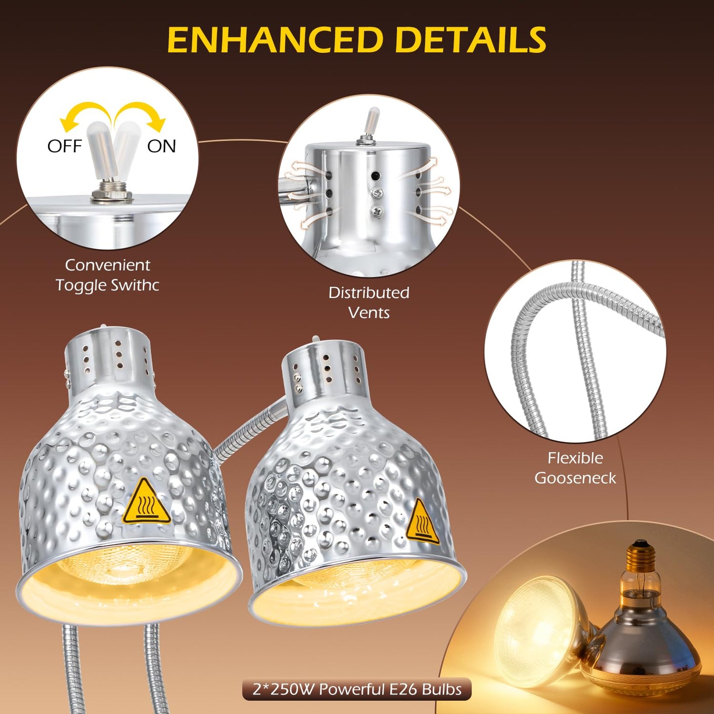 Dyna-Living Food Heat Lamp, 2-Head Adjustable Commercial Food Warmer Lamp Portable Electric Heat Lamp for Food Catering Warming Lights for Buffet Parties Restaurant Kitchen, 500W Silver