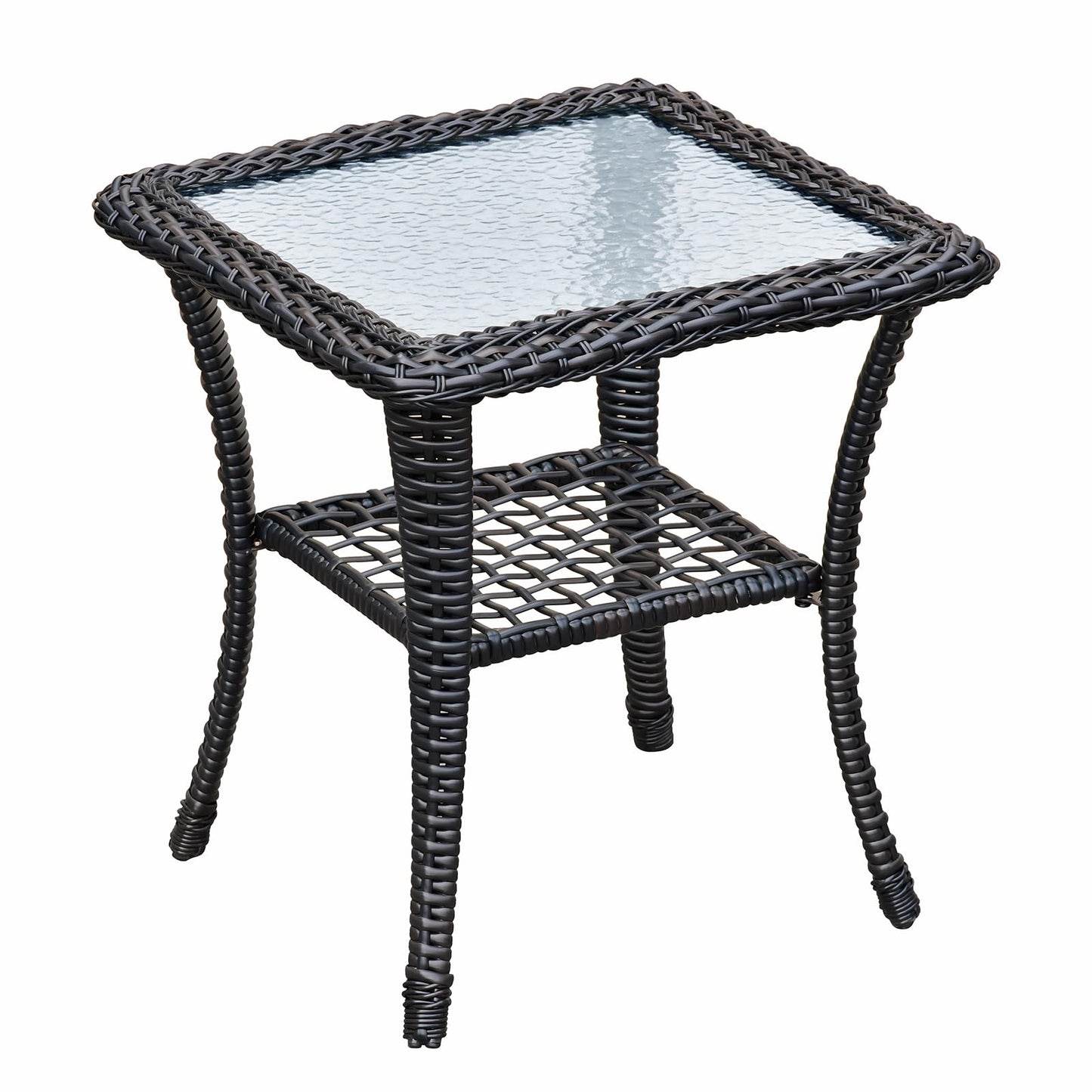 BABYLON Indoor Outdoor Coffee Table, All-Weather Wicker Tempered Glass Top Side Table, Indoor Outdoor Patio End Table with Storage Space, 20''x 20''x20''
