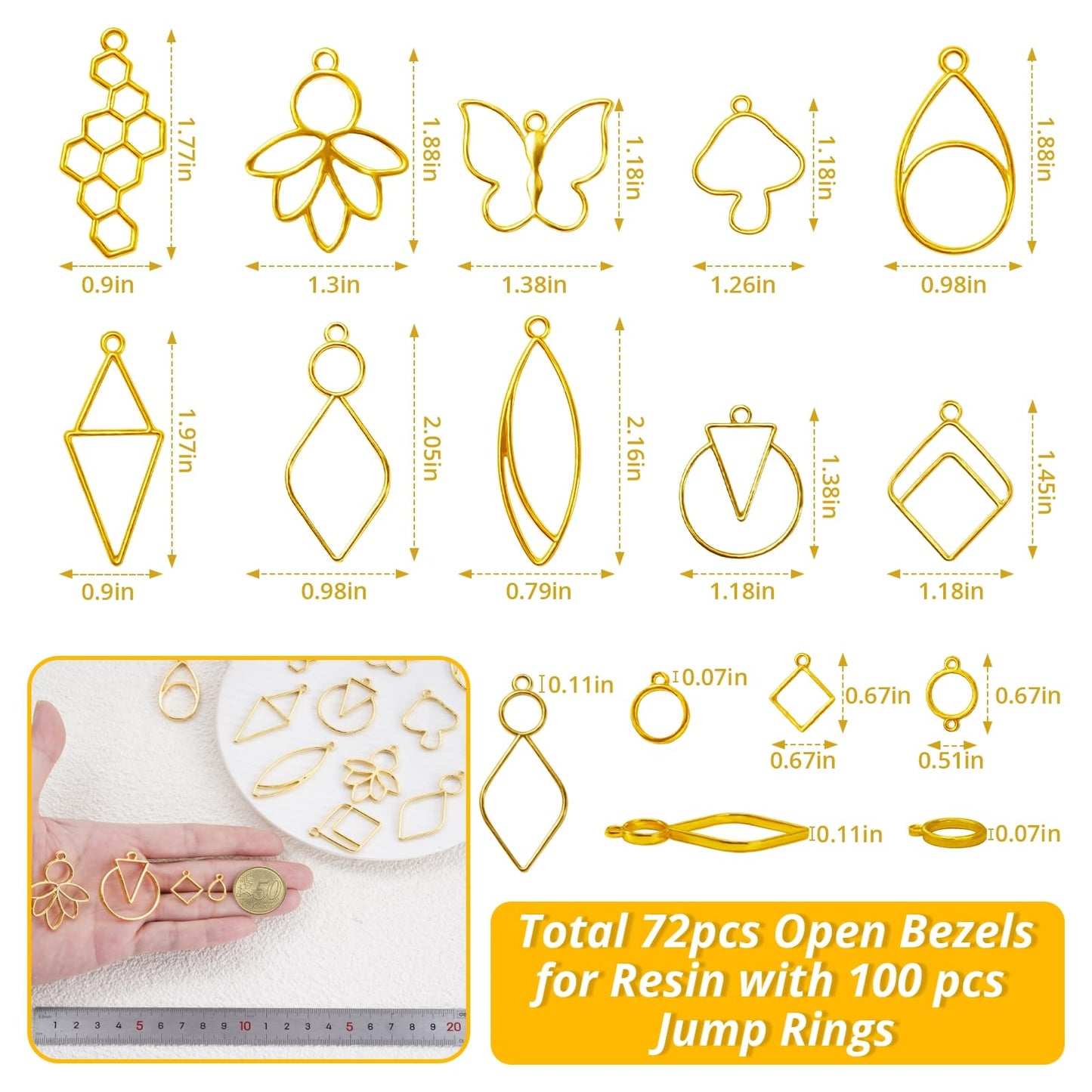 LET'S RESIN 172 pcs Open Bezels for Resin, 2 Size 36 Styles of Gold Hollow Frame Pendants Bezels with 100pcs Jump Rings, Unique Resin Bezels for Jewelry Making, Necklaces Earrings Making Supplies