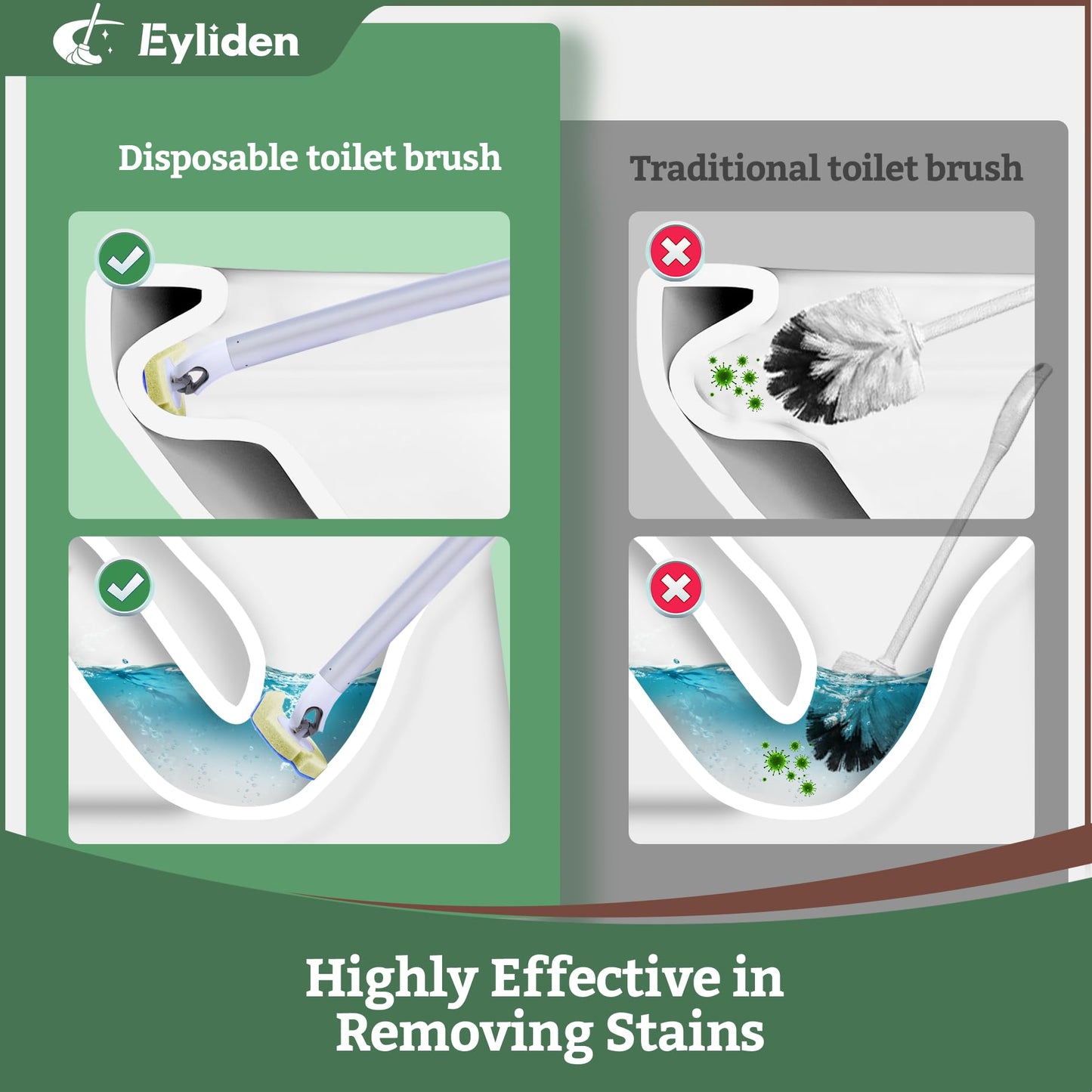 Eyliden Toilet Brush Set with 40 Refills, Disposable Toilet Cleaning Wand Kit with Pre-Soaked Sponge Heads, Hands-Free Toilet Bowl Cleaner Scrubber and Holder, White