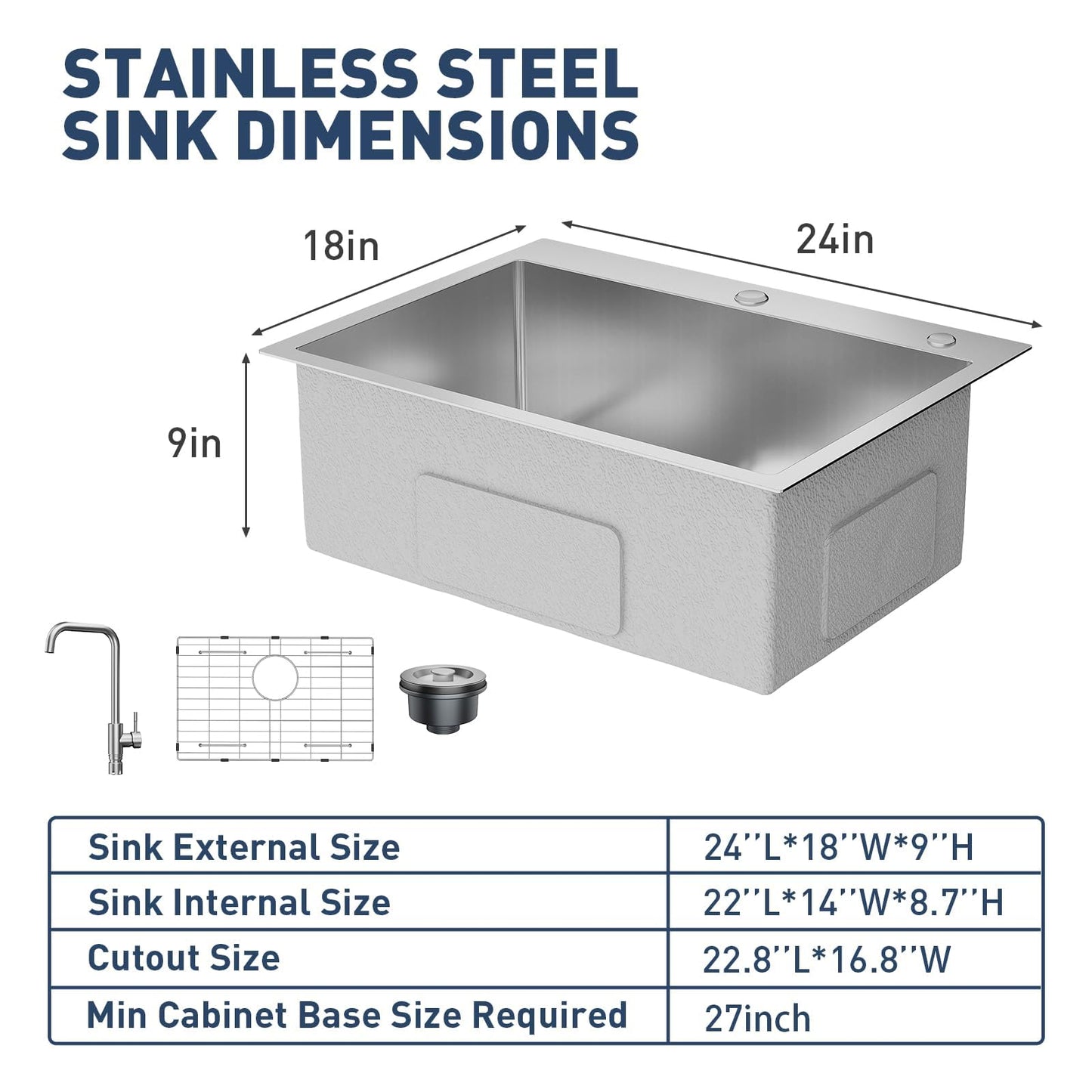 Drop in Kitchen Sink Workstation, Stainless Steel Single Bowl Sink with Cutting Board, Roll Up Rack and Drain Basket, Scratch Resistant Topmount Sink for Kitchen Prep and Cleaning