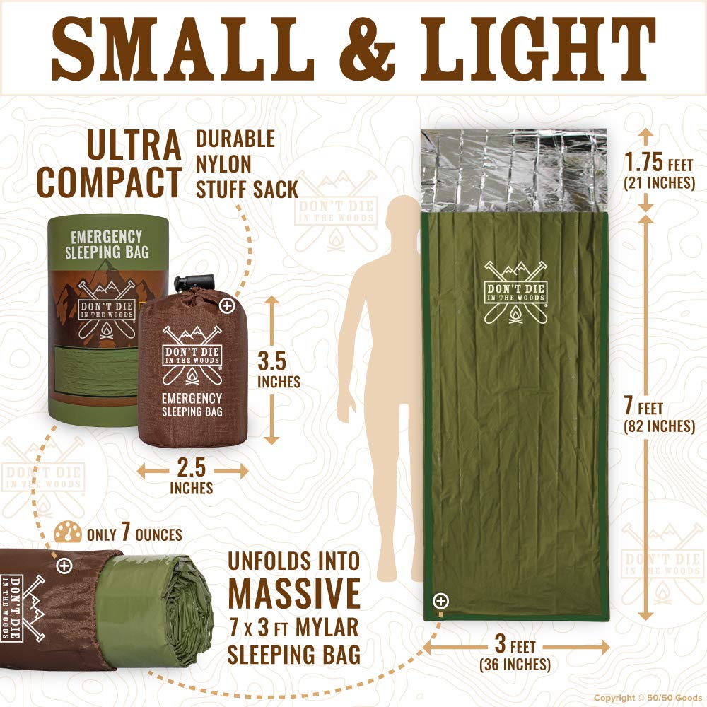 Don’t Die in The Woods - Emergency Sleeping Bag with Hood - Made with Extra Thick Thermal Mylar - Hiking Camping Blanket Survival Gear Essentials Tactical Car Disaster First Aid Kit (Green)