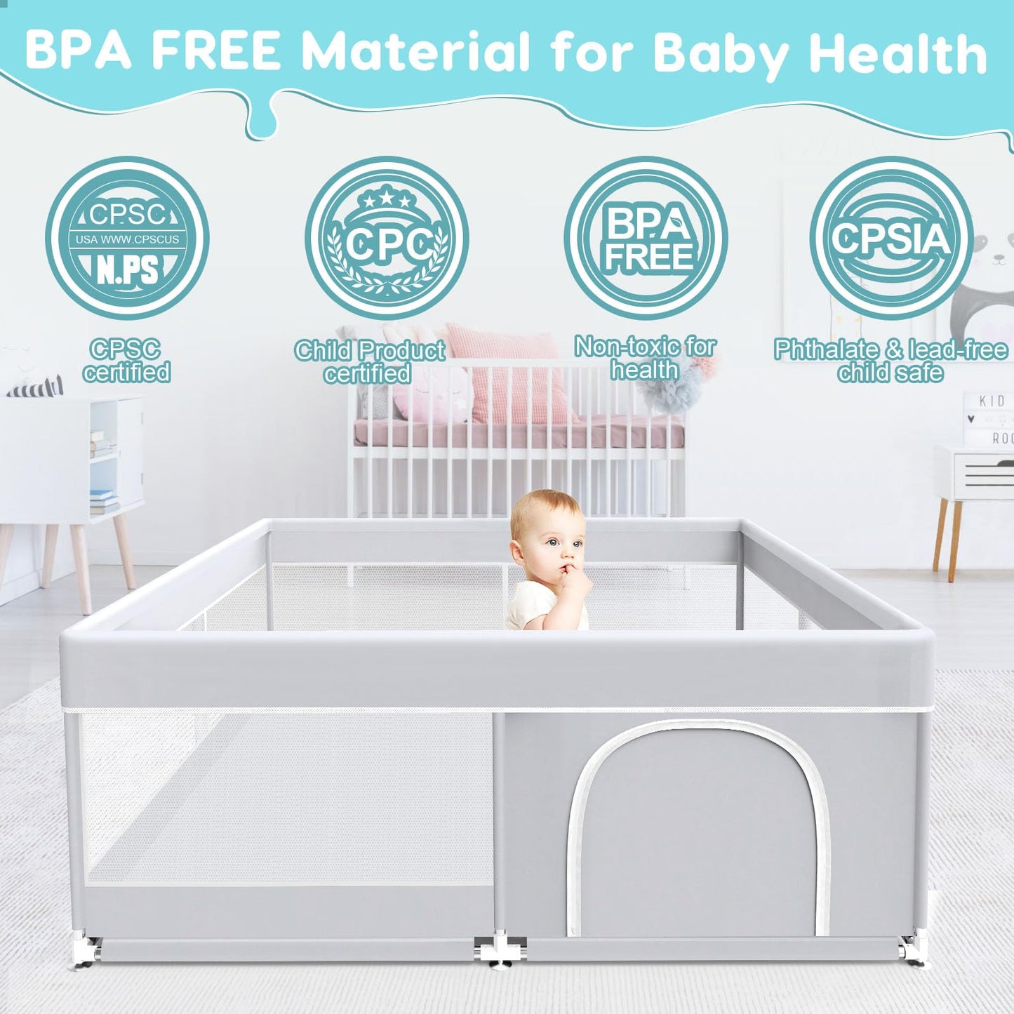 Fshibila Baby Playpen, 50x50 Inch Baby Playard for Babies and Toddlers, Play Pens for Indoor & Outdoor, Sturdy Safety Play Yard with Soft Breathable Mesh, Anti-Fall, Grey
