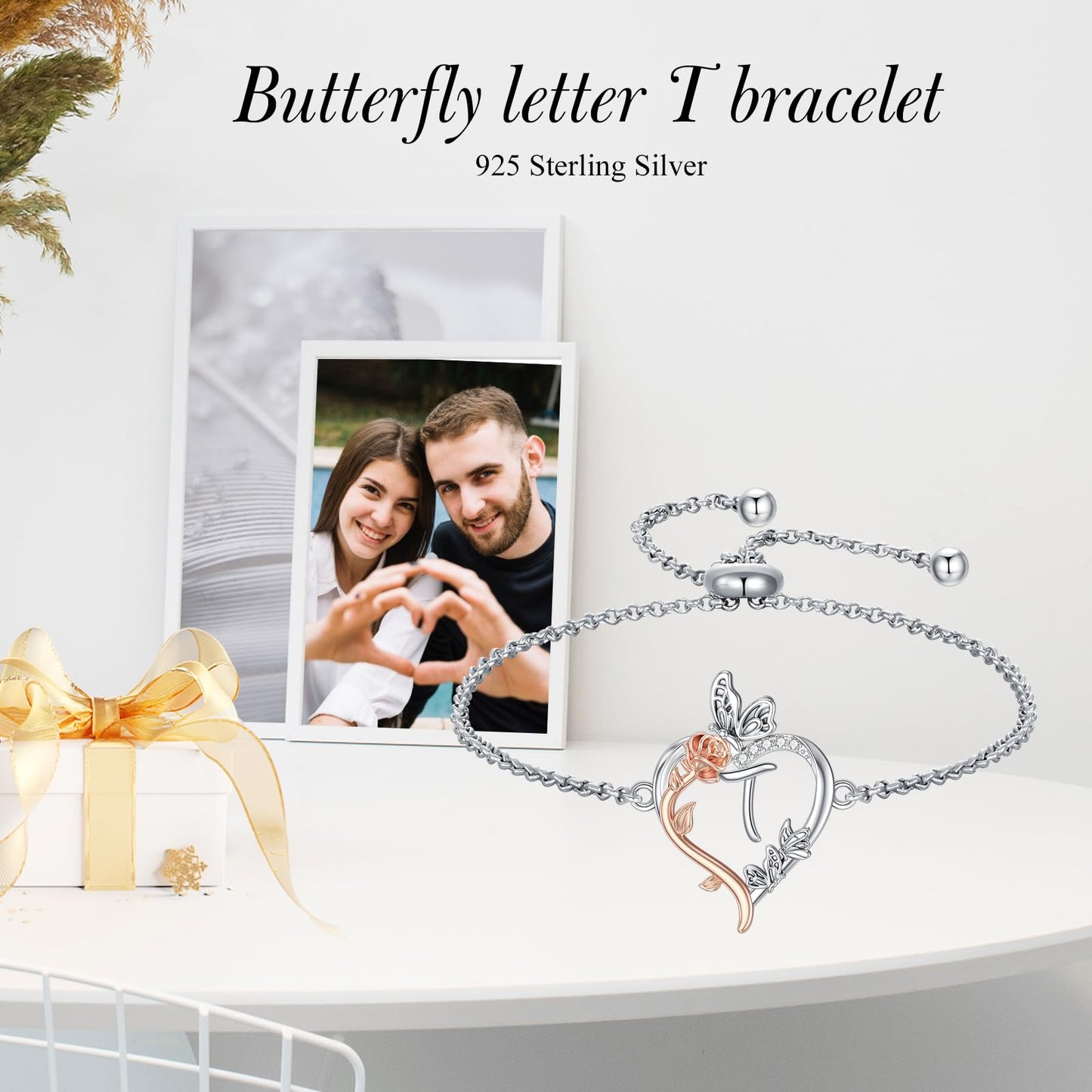 TOUPOP Rose Heart Bracelet for Women Sterling Silver Heart Initial T Letter Bracelet Butterfly Love Jewelry Anniversary Birthday Mothers Day Gifts for Mom Wife Her Girlfriend