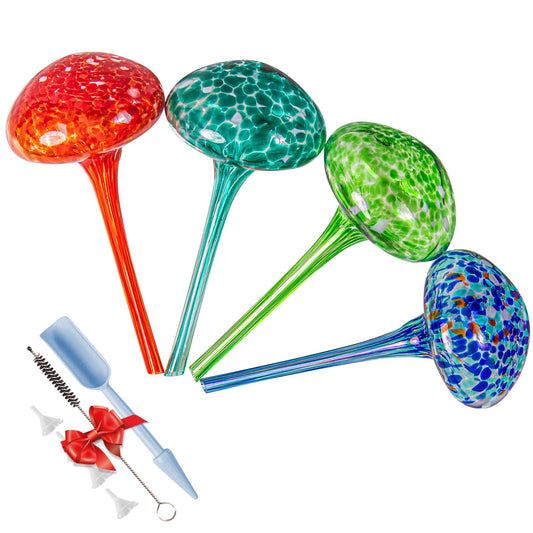Plant Watering Globes 8"L x 3.5"D, 4Pcs Large Self Watering Planter Insert Glass Plant Watering Devices for Indoor Outdoor Plants, Mushroom Automatic Plant Waterer Watering Spikes Bulbs+Funnel &Shovel