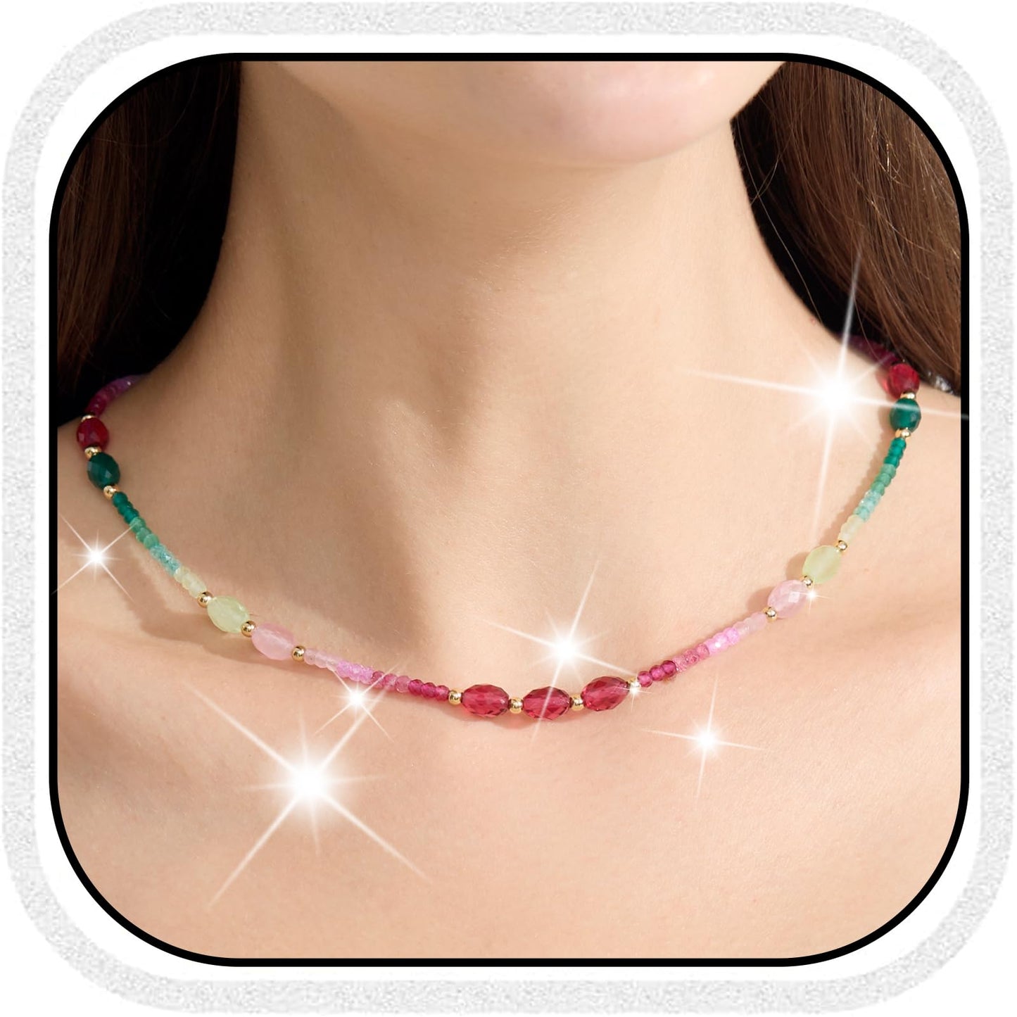 Gmissbabicoo Healing Crystal Necklace for Women Spiritual Zircon Beads Handmade Gemstone with 18k Golden Plated Green Pink Crystals Stones Beaded Adjustable Necklaces with Jewelry Box