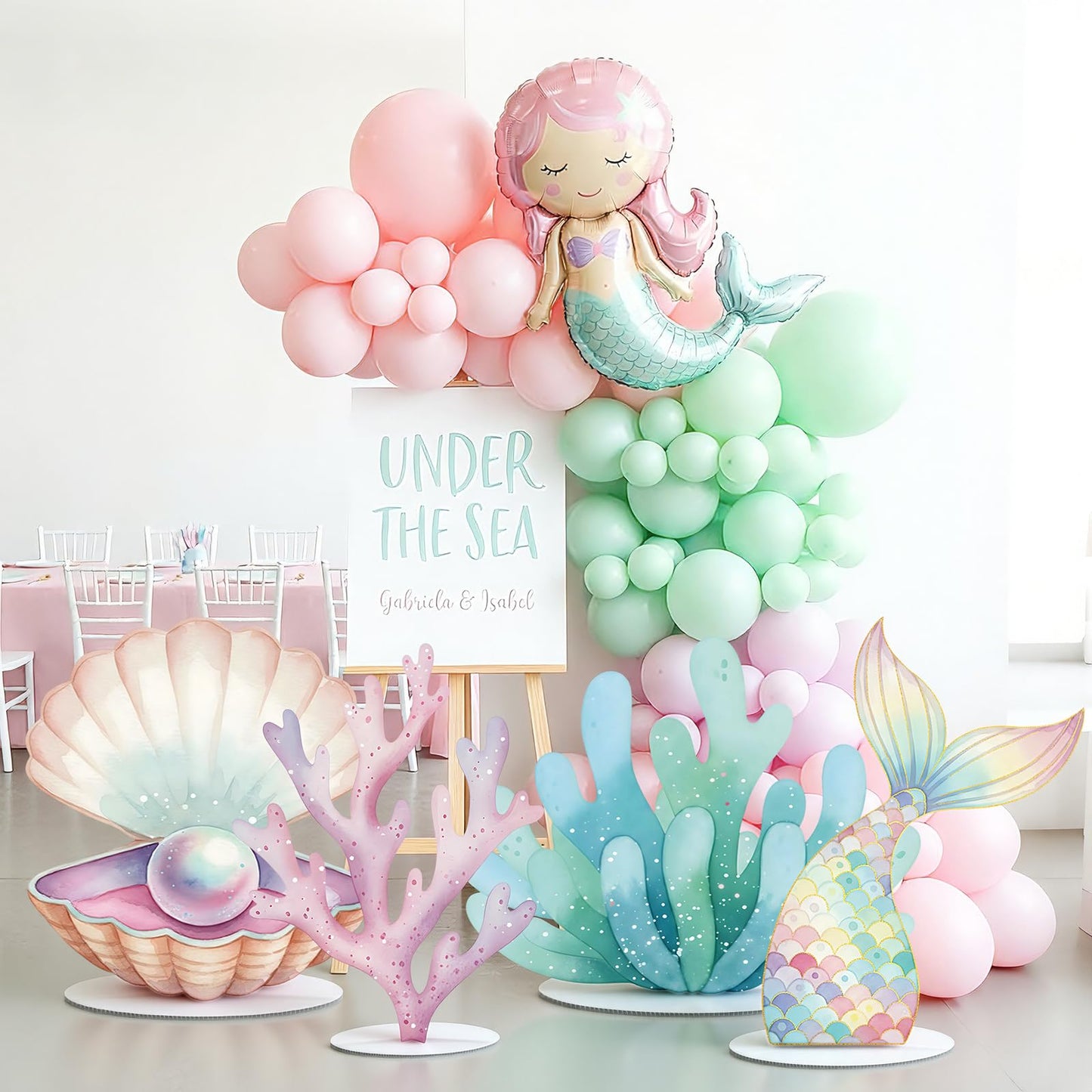 Novabright 4 Pcs Large Mermaid Birthday Decorations Mermaids Photo Booths Props Under The Sea Baby Shower Party Decoration Plastic Clam Shell, Coral, Stand Mermaid Tail Ocean Cutouts Party Decor