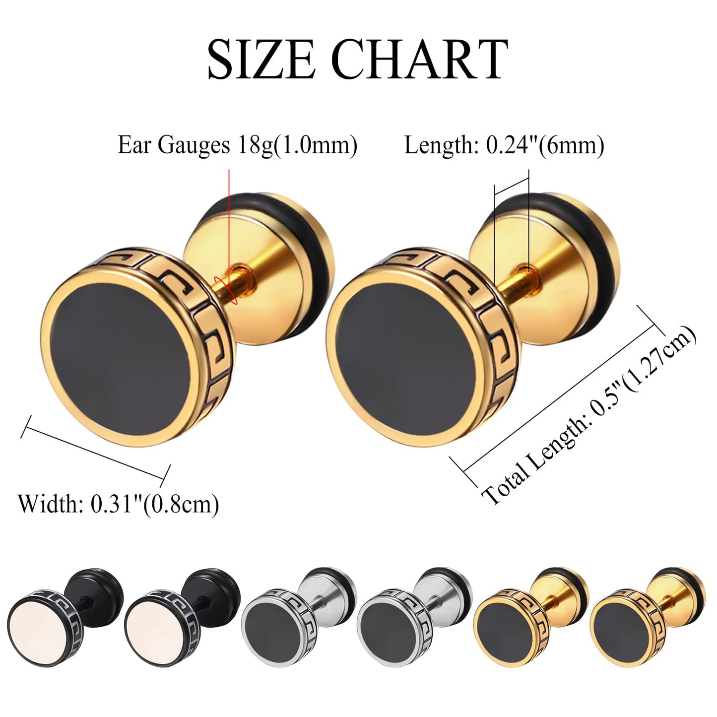 Aroncent Vintage Round Stud Earrings: Stainless Steel Faux Gauges Ear Tunnel 3 Pairs Fake Gauge Fake Earrings Piercing Studs Flat Back Earrings for Men Women