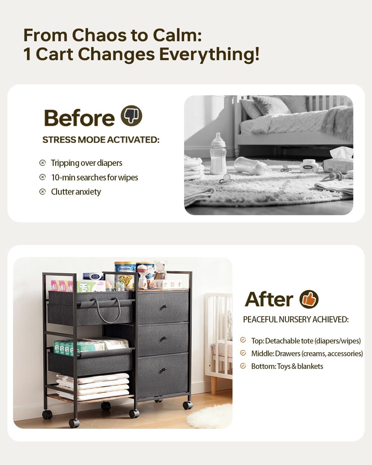 2-in-1 Baby Diaper Caddy Organizer and Storage-3 Tier Rolling Baby Cart with Dividers and Drawers, Baby Essentials for Nursery Storage, Mobile Utility Cart with Wheels Large Capacity Easy To Assemble