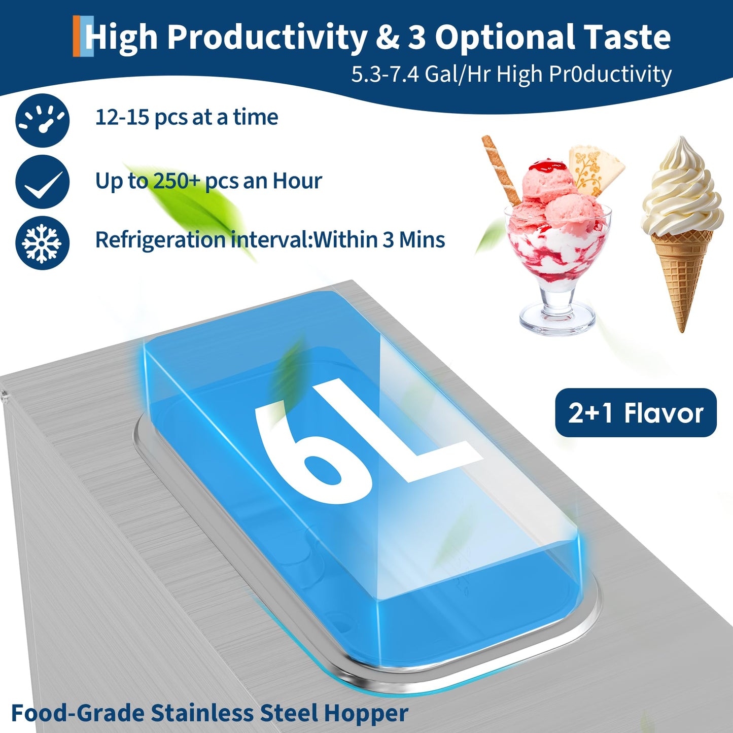 ACONEE 2.8-5.3 gal/H Single Flavor Commercial Soft Ice Cream Machine, 1400W Soft Serve Ice Cream Maker with 5" Display, Self-Cleaning, Easy Operate, High Productivity for Home Snack Bar, 115V