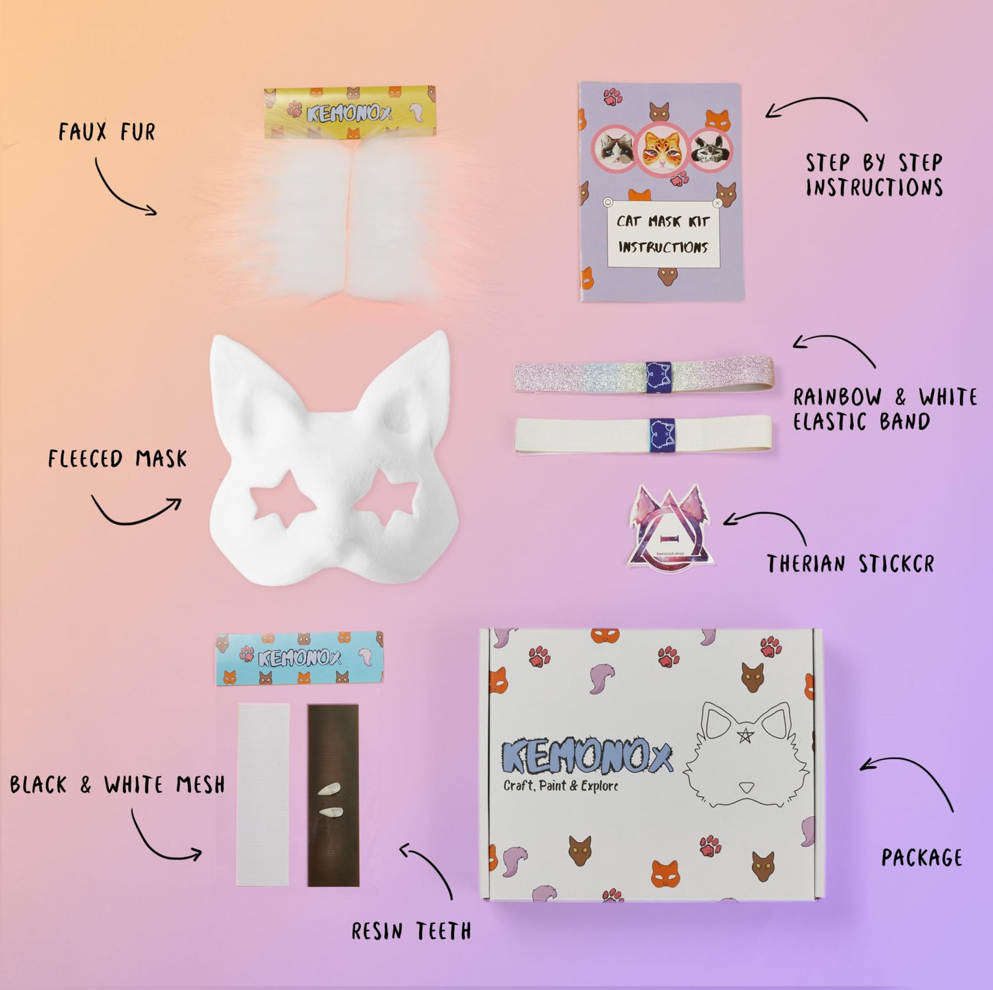 KemonoX Therian Cat Mask Kit with Star Eyes - White Fleeced Cat Mask Base with Faux Fur, Eye Mesh and Cat Like Fuzzy Fabric - Felted for You, Skip the Messy Work