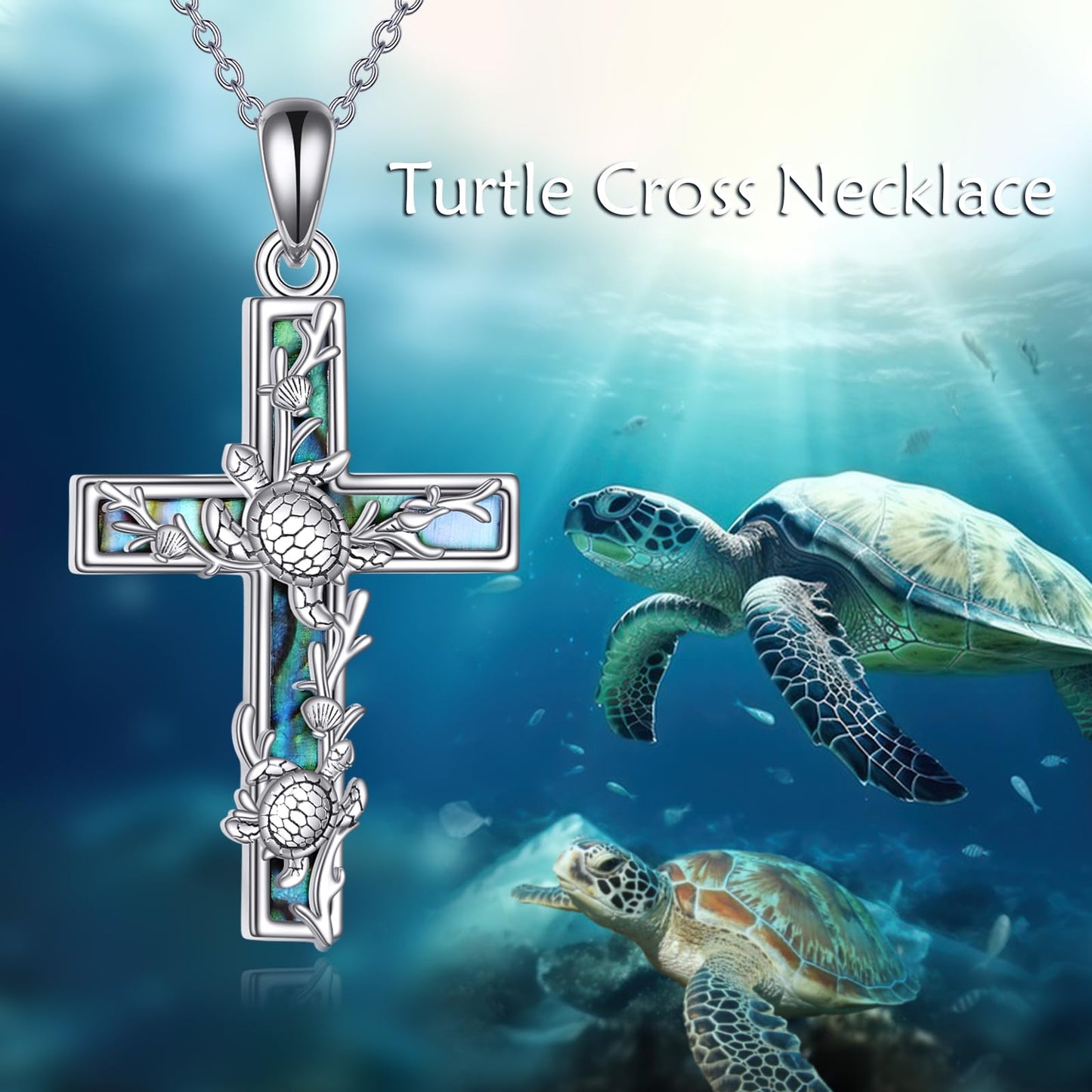 YFN Turtle Cross Necklace Sterling Silver Sea Theme Cross Pendant Abalone Shell Jewelry Religious Christian Baptism Gifts for Her Women